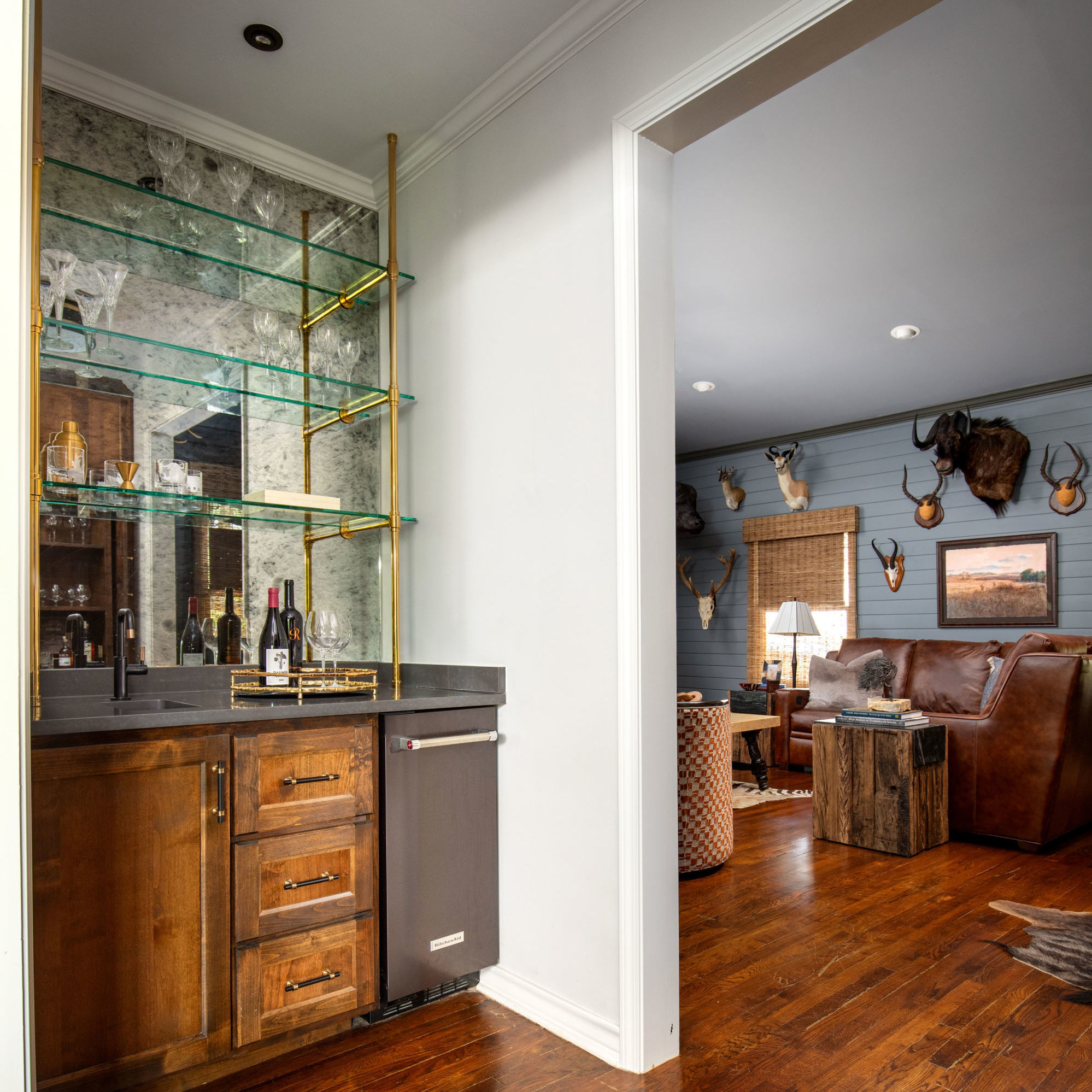 Ceiling & Wall mounted studio style Bistro Designer Shelving in polished brass with glass shelves
