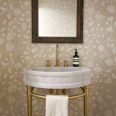 Jamestown style Washstand on satin brass with Stone Forest Harbor sinktop