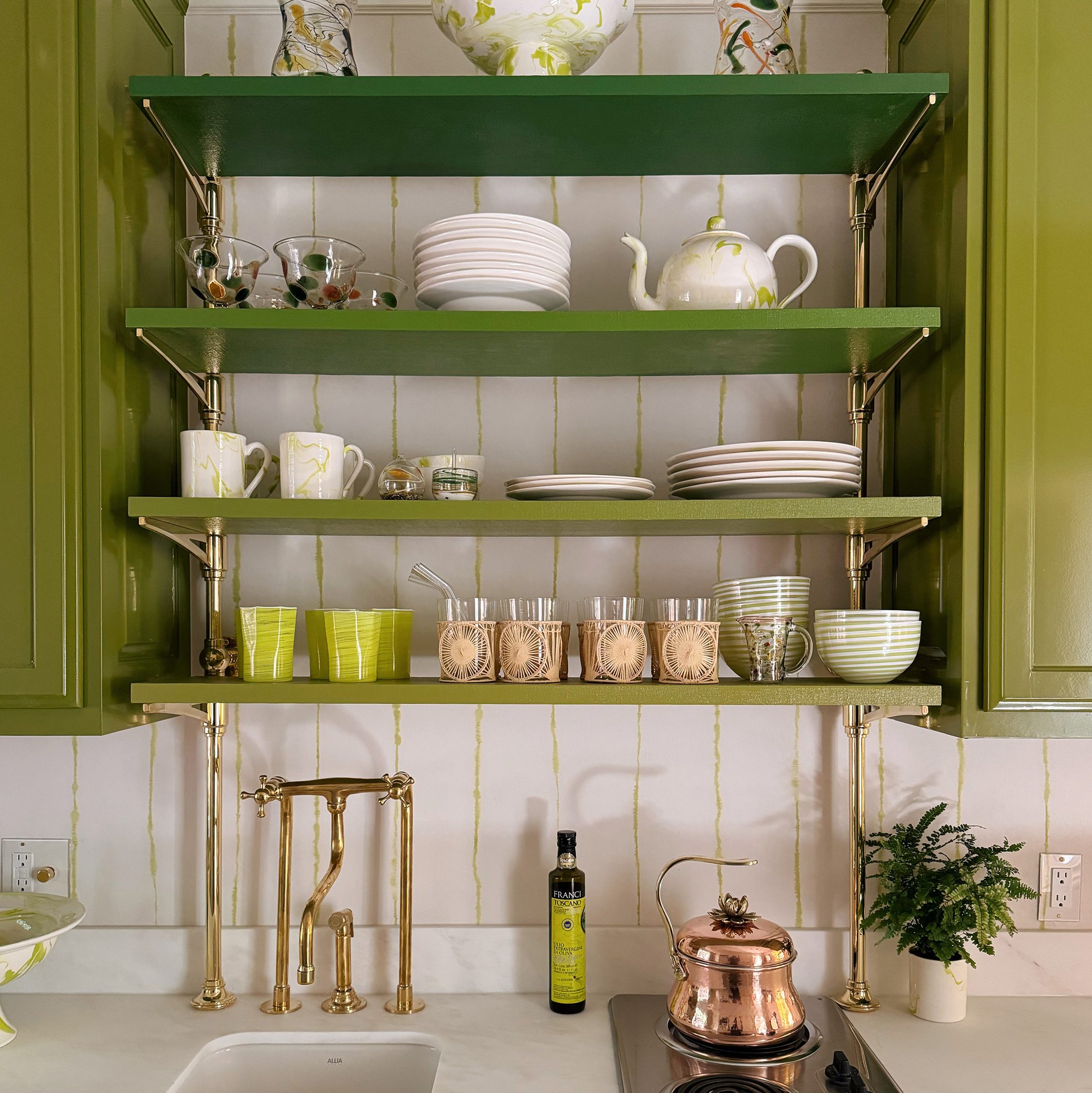 Counter & wall mounted Rack style Cantilever Designer Shelving in polished brass