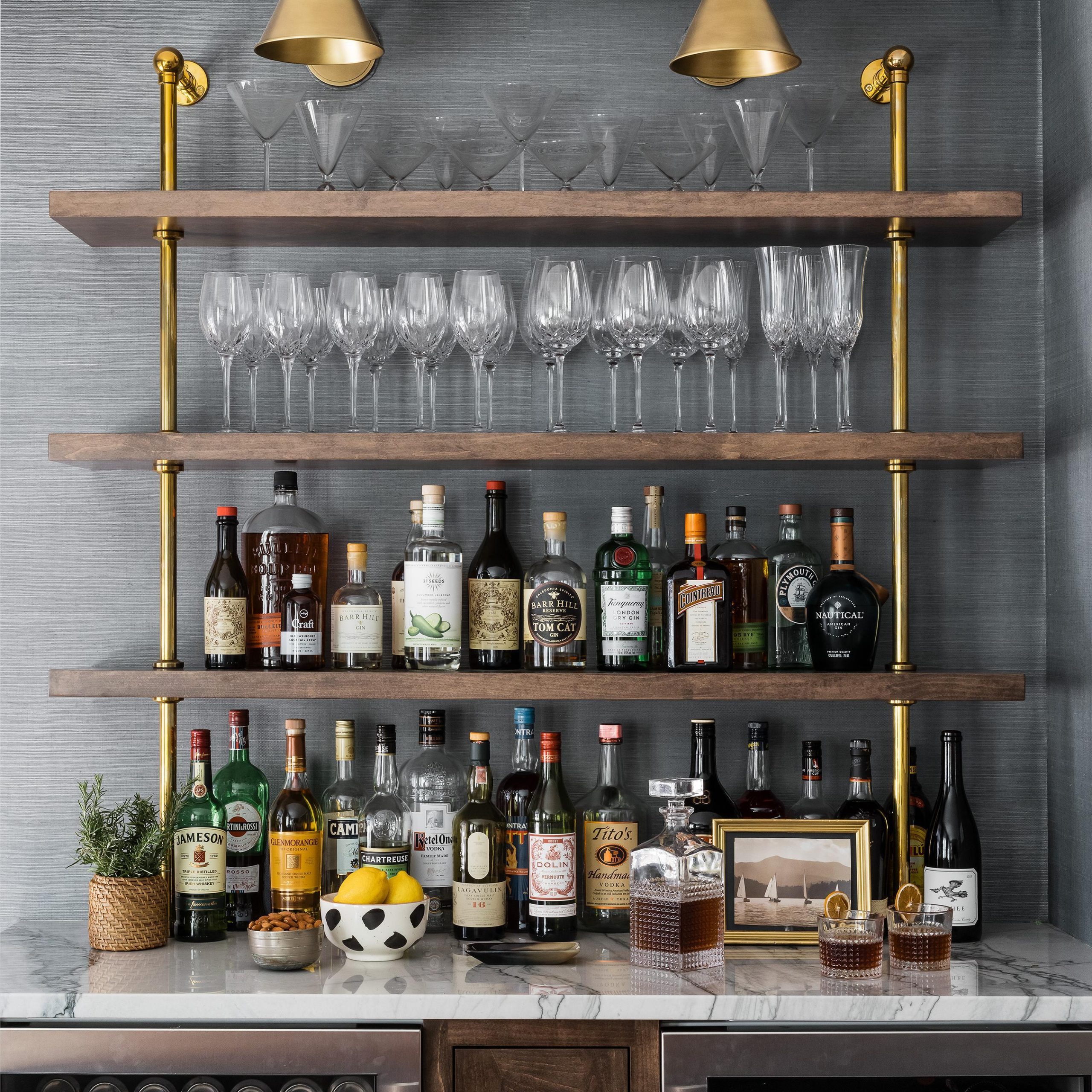 Counter & wall mount Split Collar style Bistro Designer Shelving in polished brass with wood shelvs