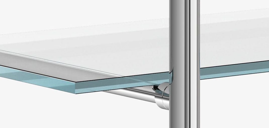 Detail of Metro style Bistro Designer Shelving with Button Finial in Polished Nickel and a glass shelf