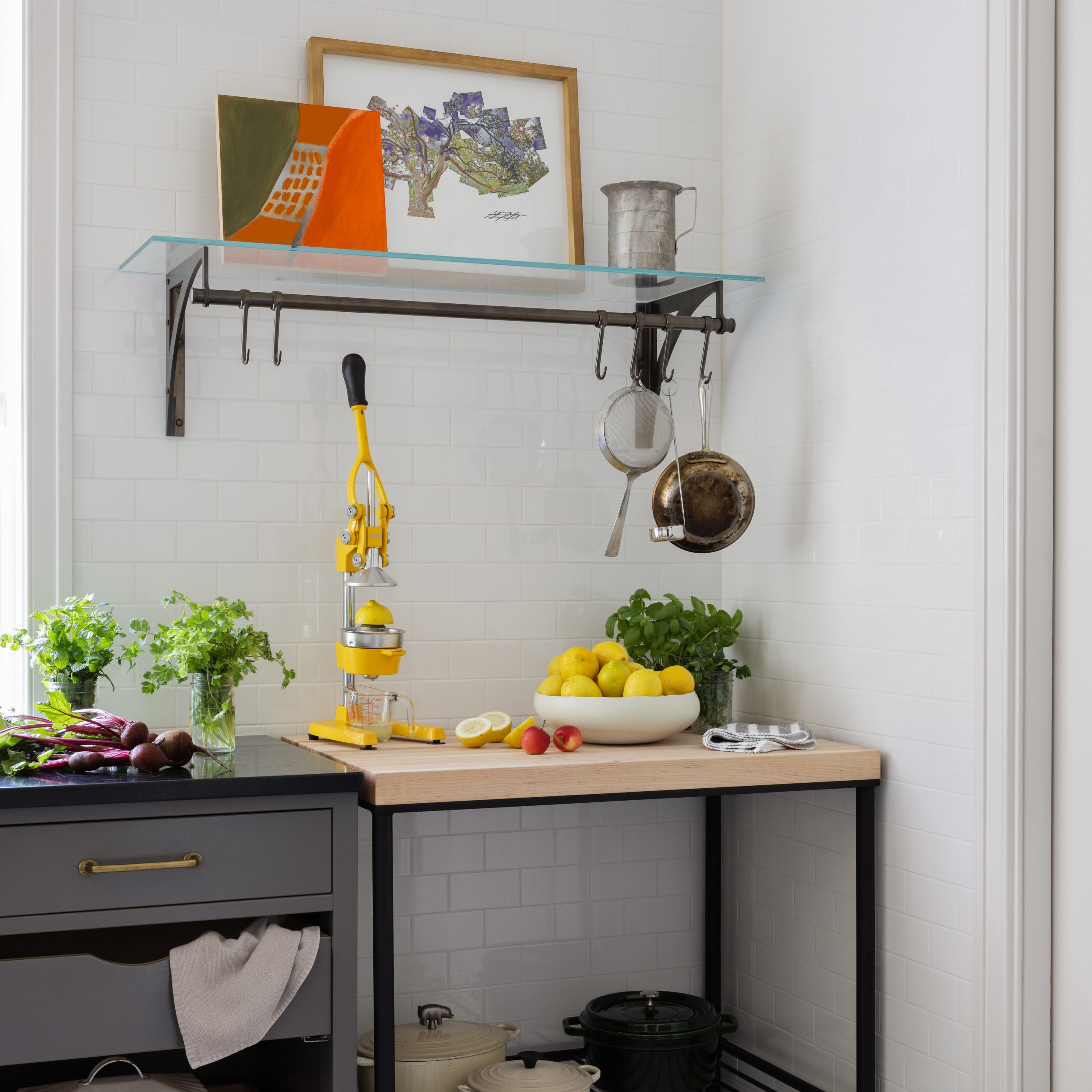 Regency Bracket shelving closeup, Matte black, glass shelf, & Pot Rack