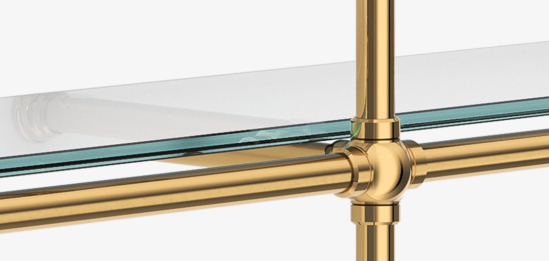 Ball style Bistro Designer Shelving in polished brass with glass shelves