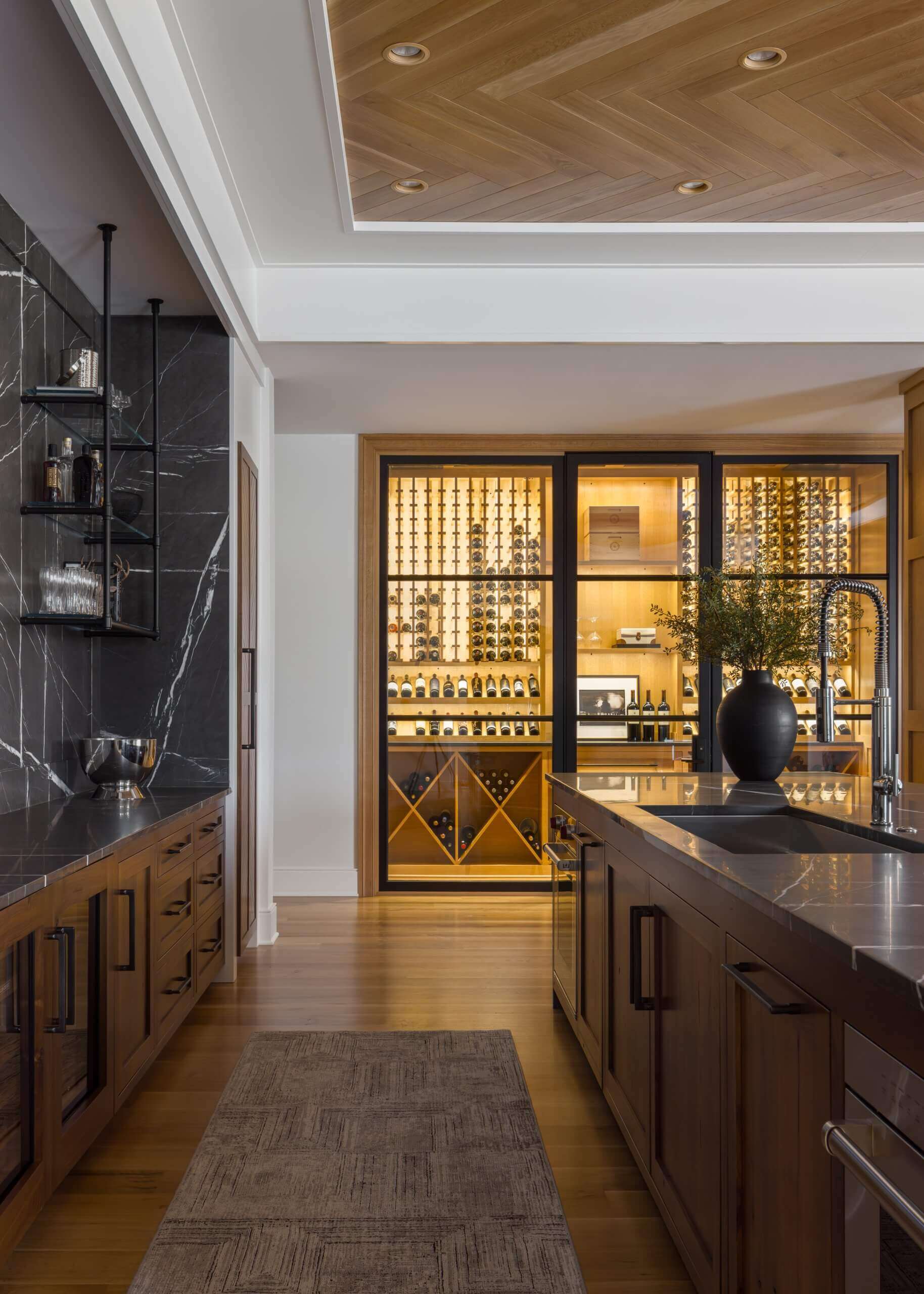 Ceiling & wall mounted Studio style Bistro Designer Shelving in matte black with glass shelves
