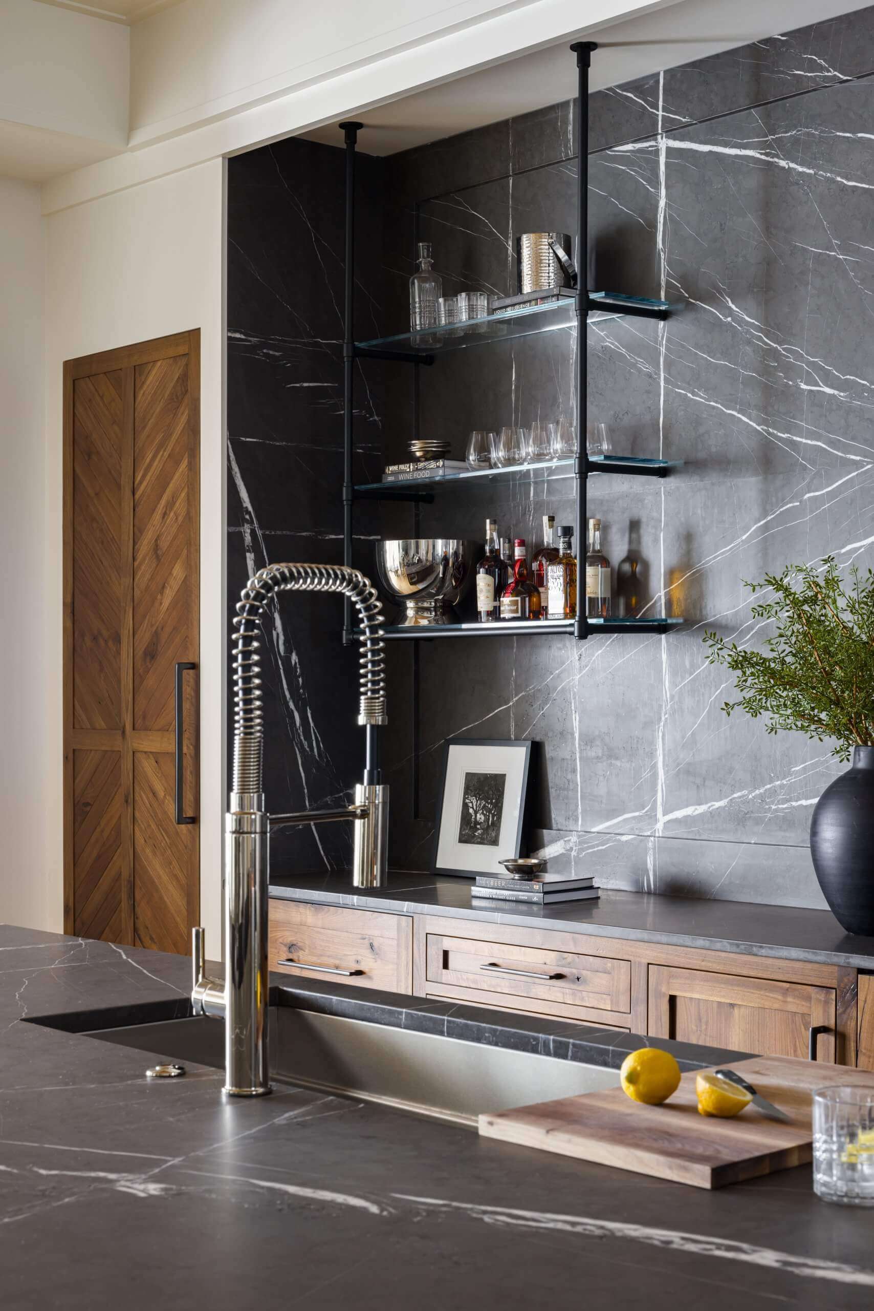Ceiling & wall mounted Studio style Bistro Designer Shelving in matte black with glass shelves