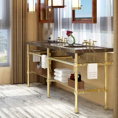 Decorative Collar style Vanity Leg System in polished brass with optional Tubular Metal shelves, Rail style shelf supports and Auxiliary Towel Rails