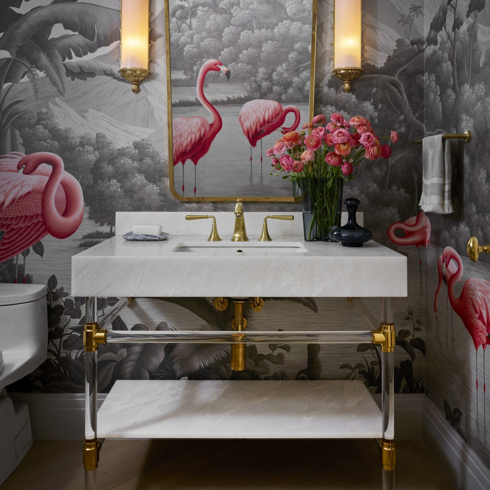 Studio style Vanity Leg System in polished brass with clear Acrylic horizontals and legs with Rail style Shelf Supports and a marble shelf