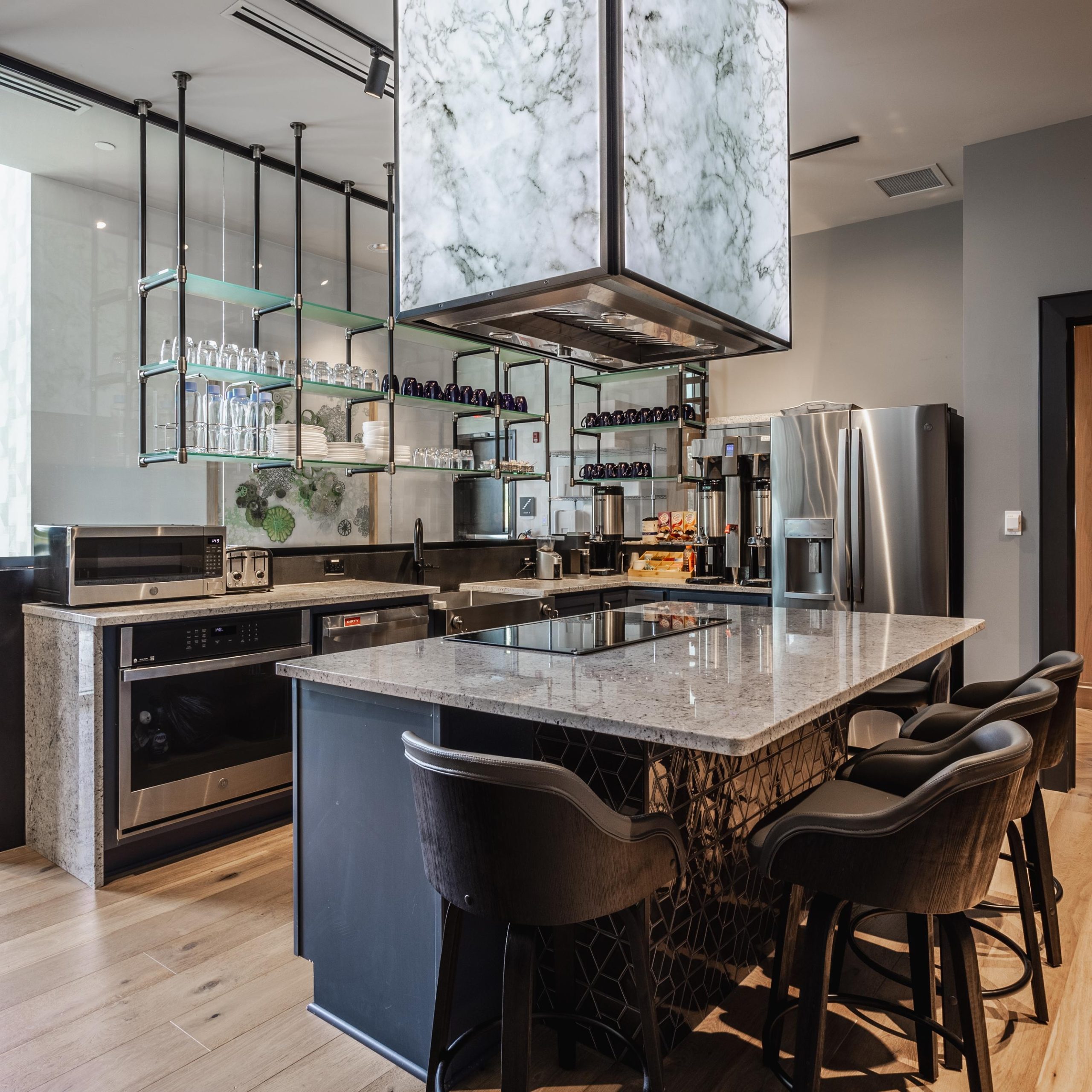 Ceiling-Mounted Studio style satin nickel and matte black Bistro Designer Shelving