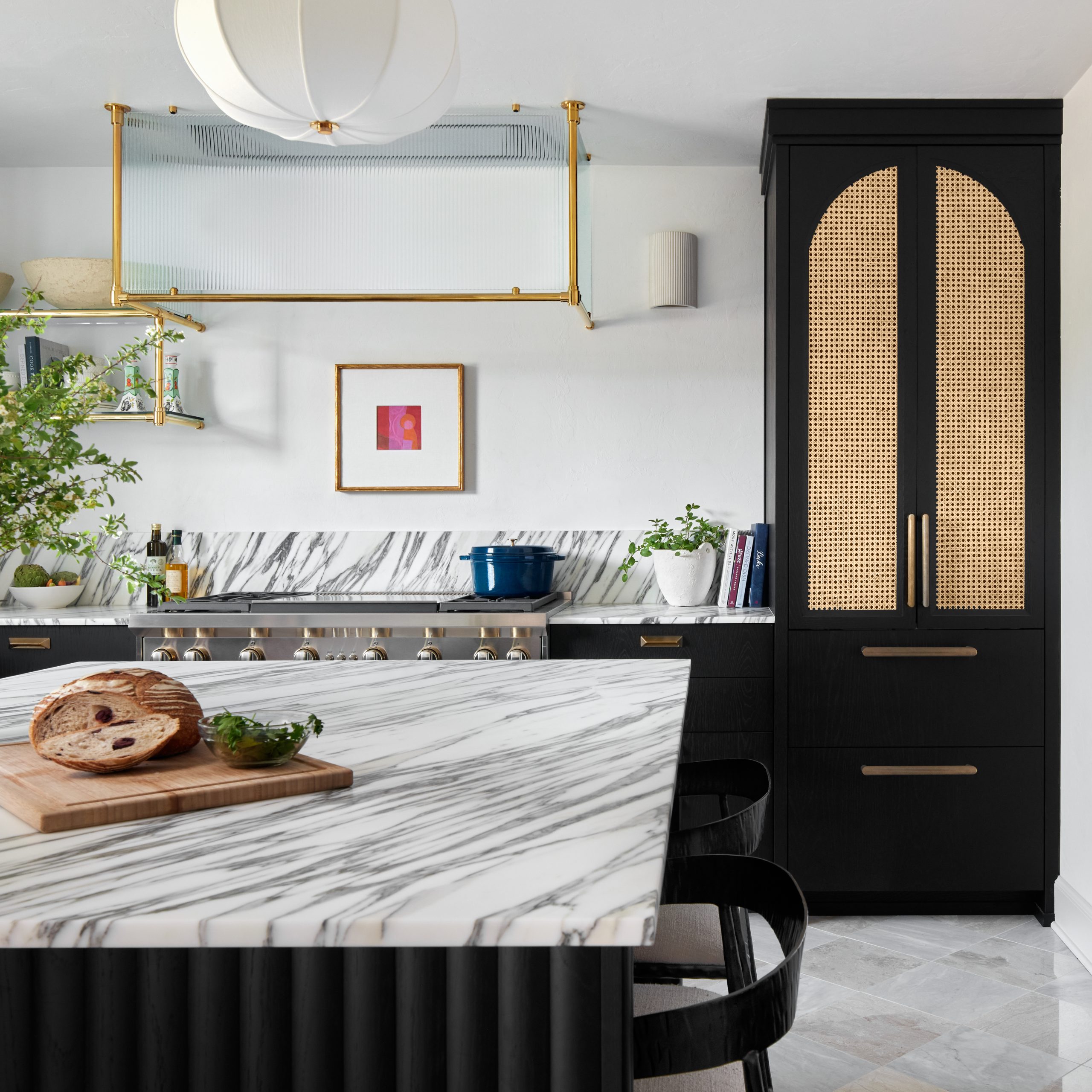 Ceiling & wall mounted Studio style Bistro Designer Shelving with integral Tubular brass and glass paneled Exhaust Hood