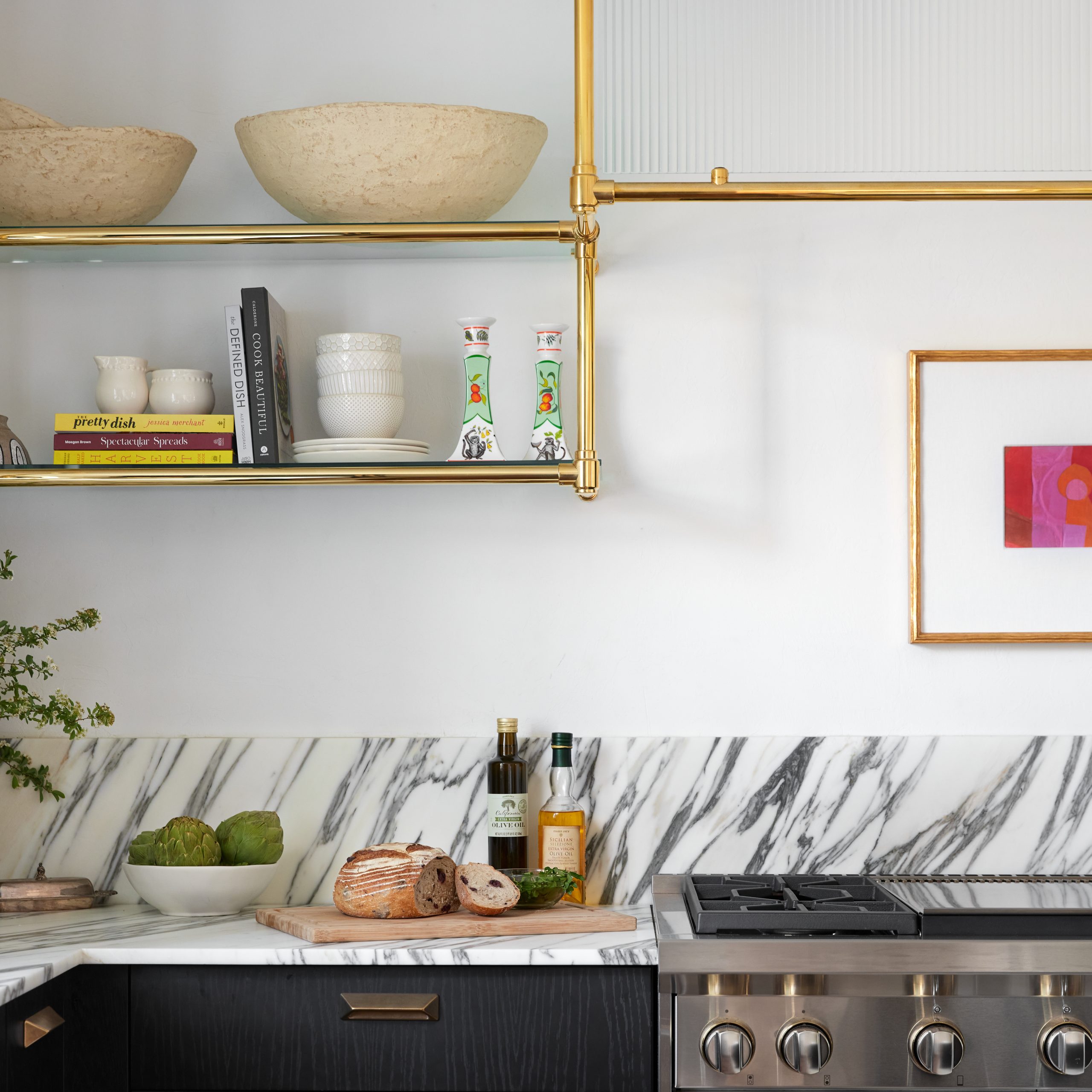 Ceiling & wall mounted Studio style Bistro Designer Shelving with integral Tubular brass and glass paneled Exhaust Hood