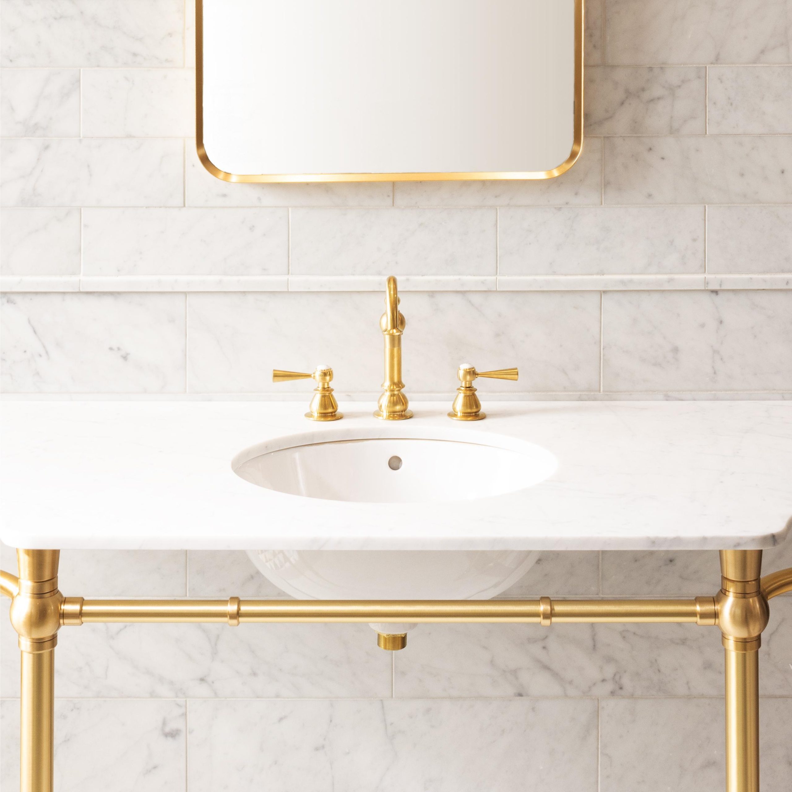 Detail of satin brass finished Franklin style Vanity Sink Leg System
