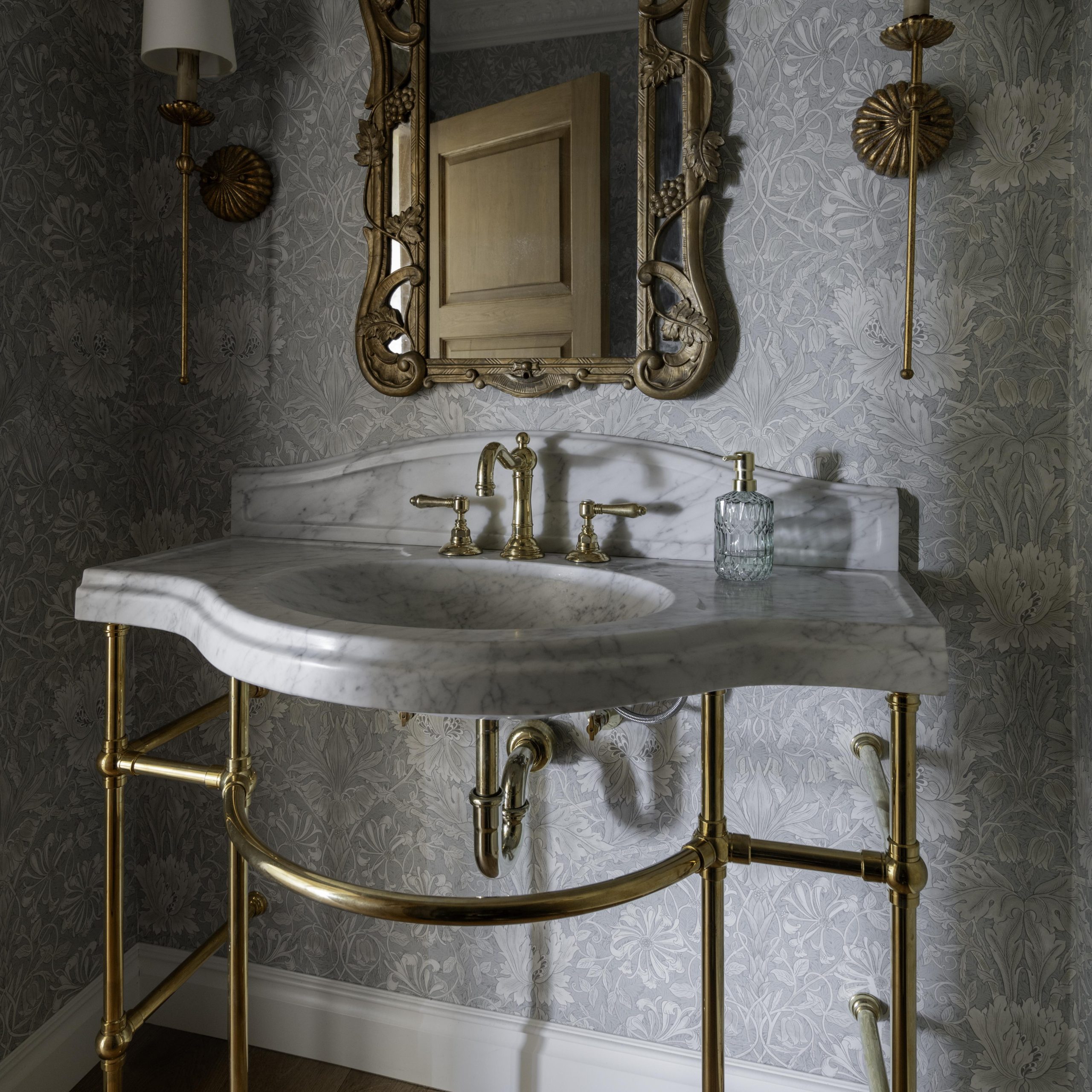 Renaissance style washstand in aged brass with Stone Forest sinktop
