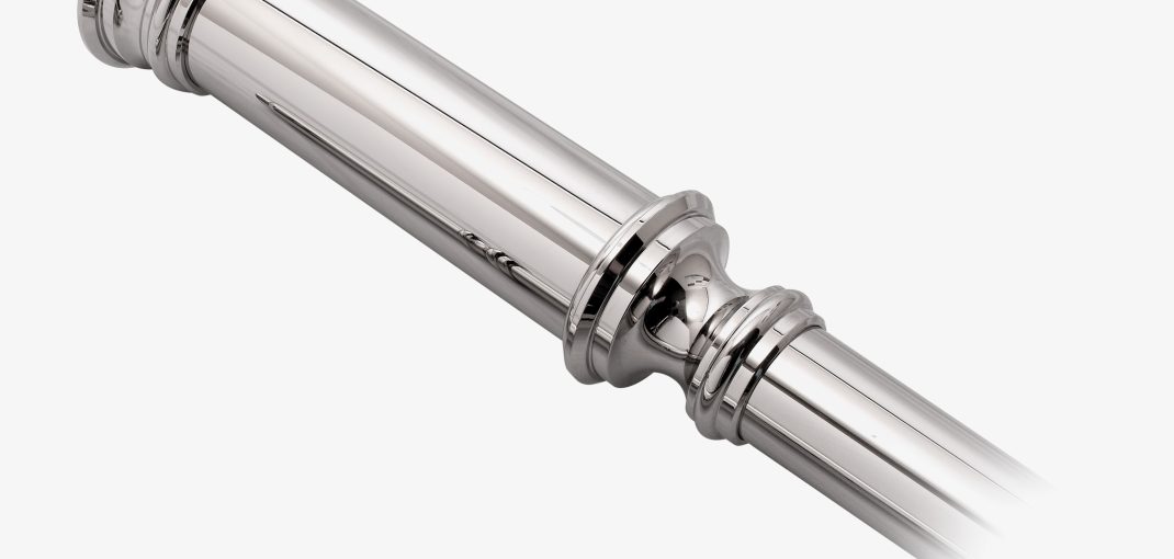 Top detail of an Embry style Kitchen Leg in polished nickel