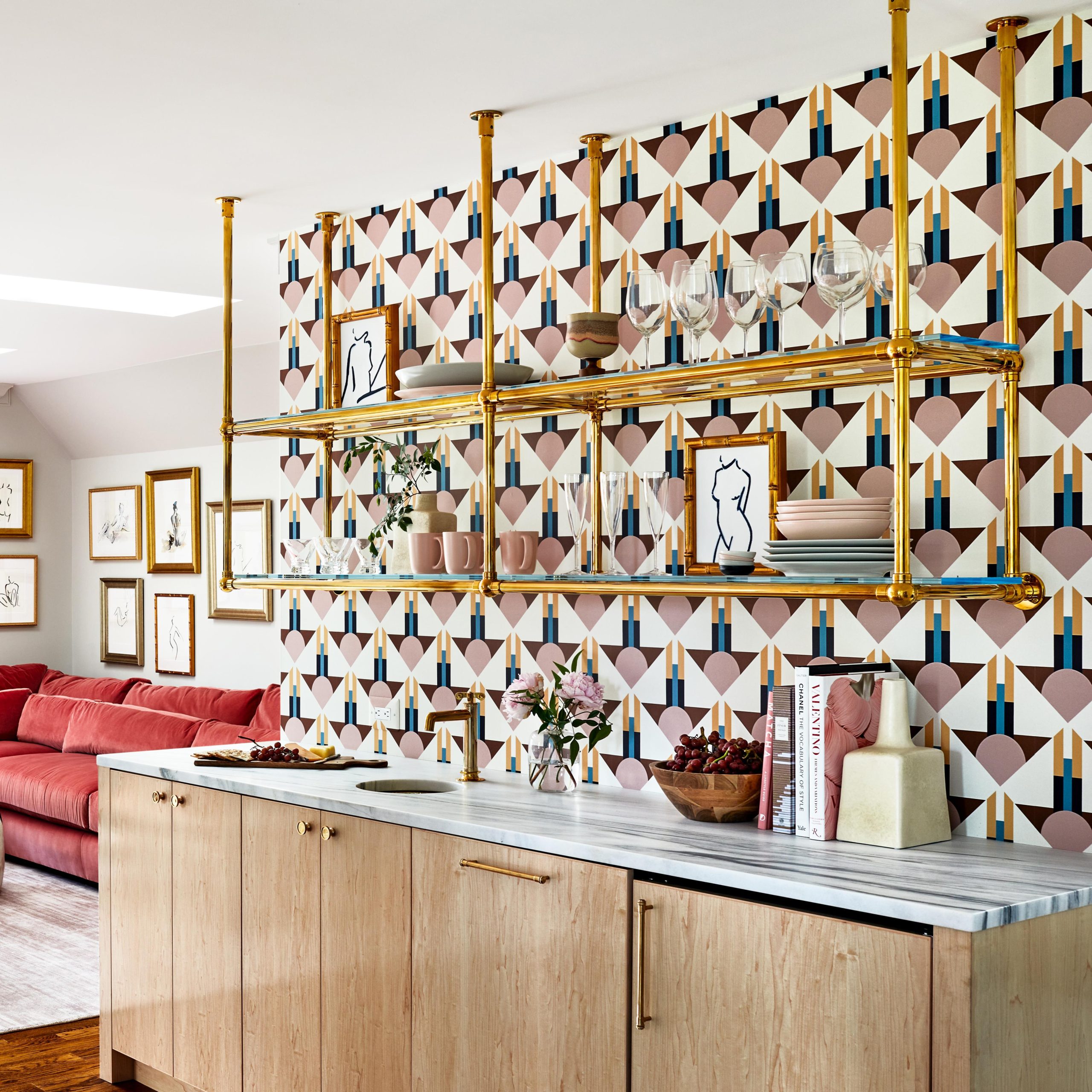 Ceiling & wall mounted Ball style Bistro Designer Shelving in polished brass with glass shelves