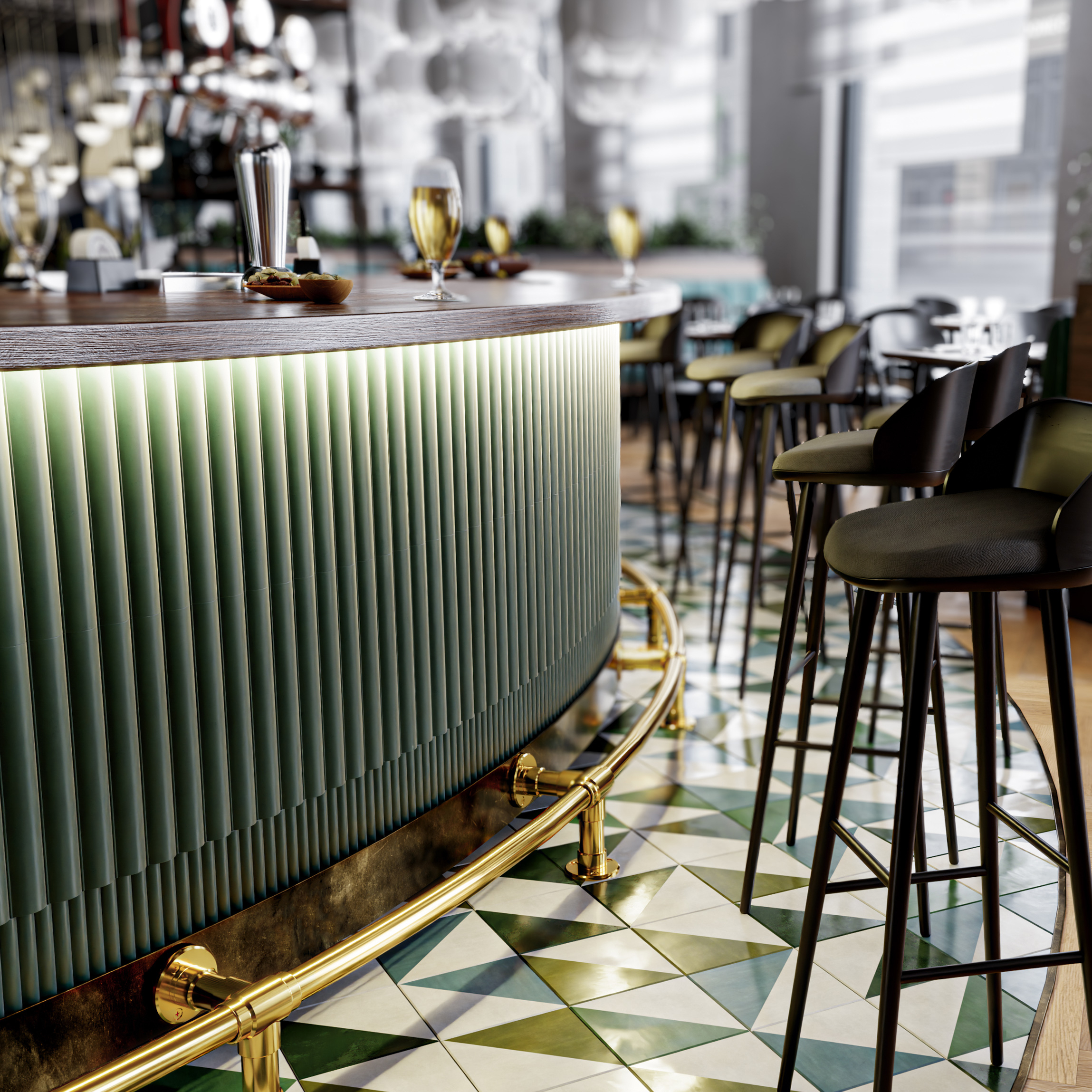 Curved Studio style Foot Rail in polished Brass