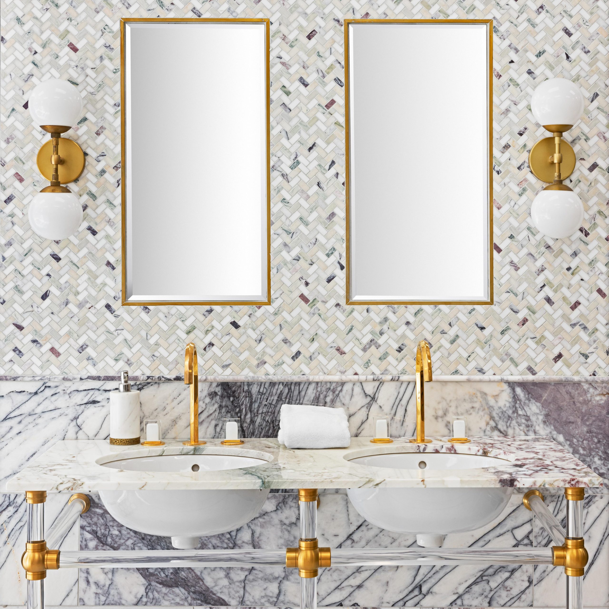 Tapered Foot style Vanity Leg System in Satin Brass with Clear Acrylic Legs and Horizontals