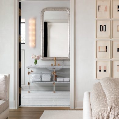Studio style Leg system in polished brass and clear acrylic with a marble shelf