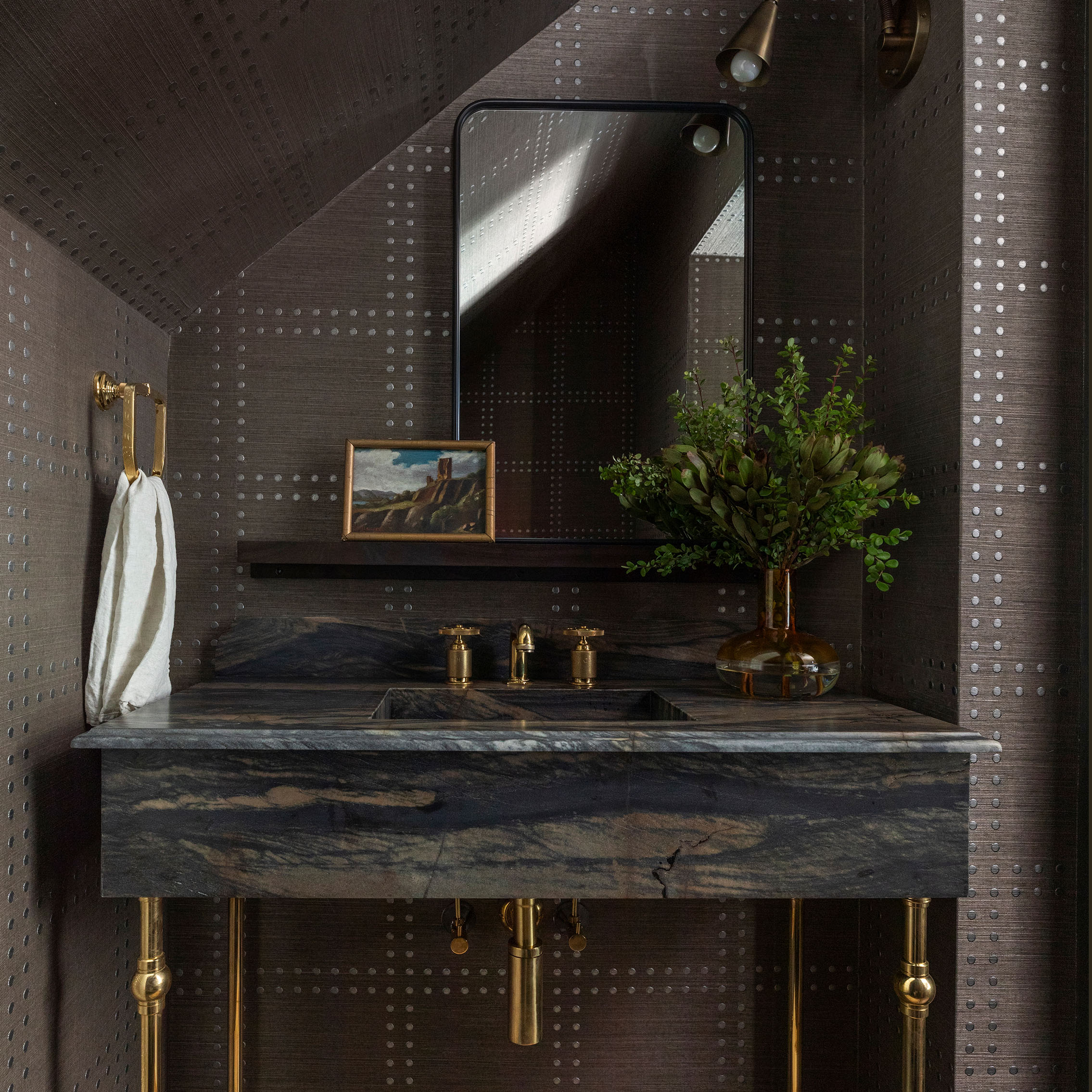 Tapered Foot style Vanity Leg system in polished brass with marble top