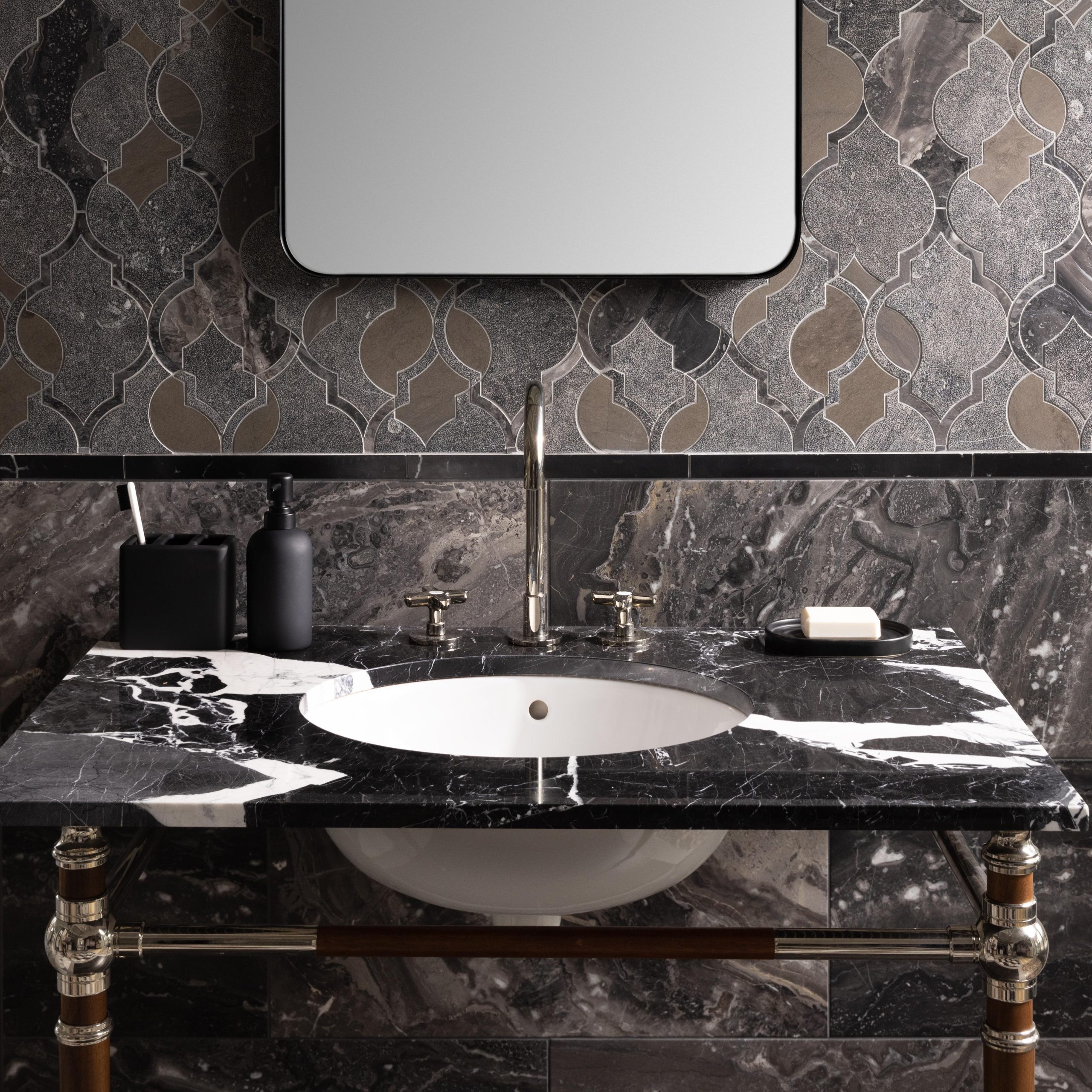 Newport style Vanity Leg System in polished nickel and Walnut heartwood with marble top
