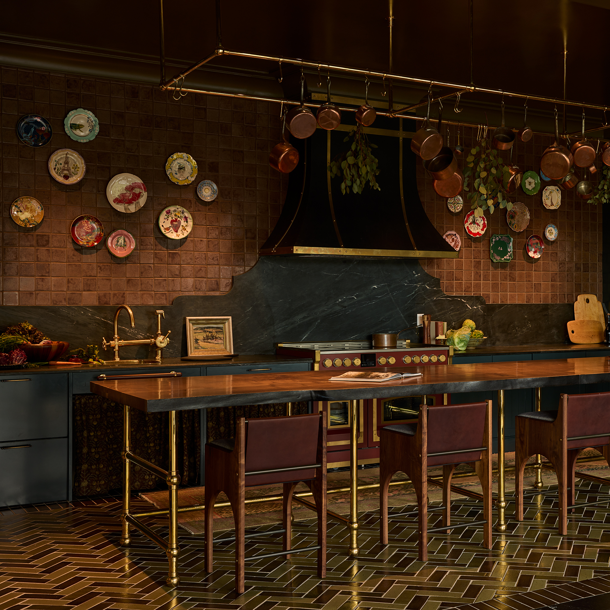 Ball style Kitchen Leg System and a Ball style Pot rack in polished brass