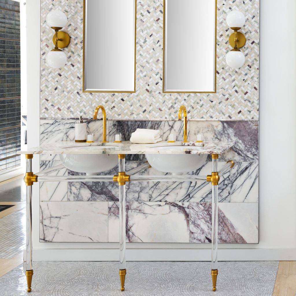 Tapered Foot style Vanity Leg System in satin brass with clear Acrylic legs and horizontals