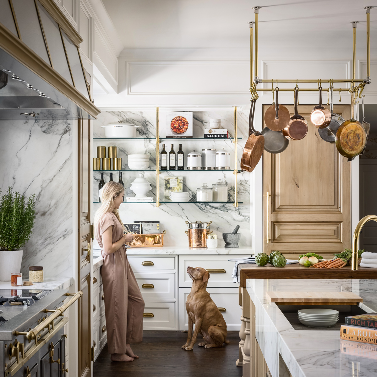 Ceiling mounted Ball style Pot Rack in polished brass with corner mounted supports in foreground ans Studio style shelving in background