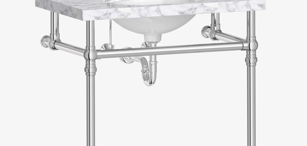 Decorative Collar style Vanity Leg System in polished chrome with marble top
