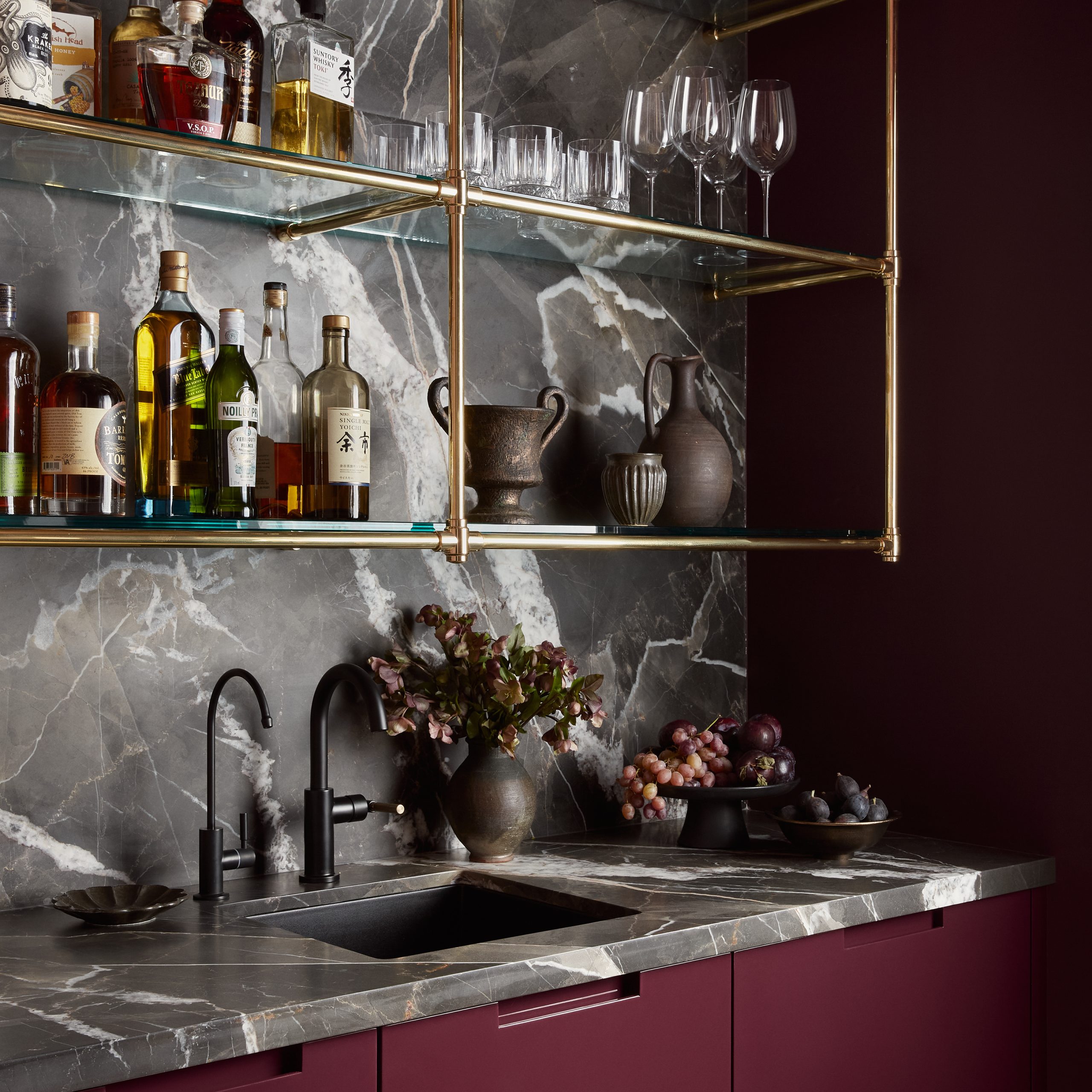 Ceiling & wall mounted Studio style Bistro Designer Shelving in polished brass with glass shelves
