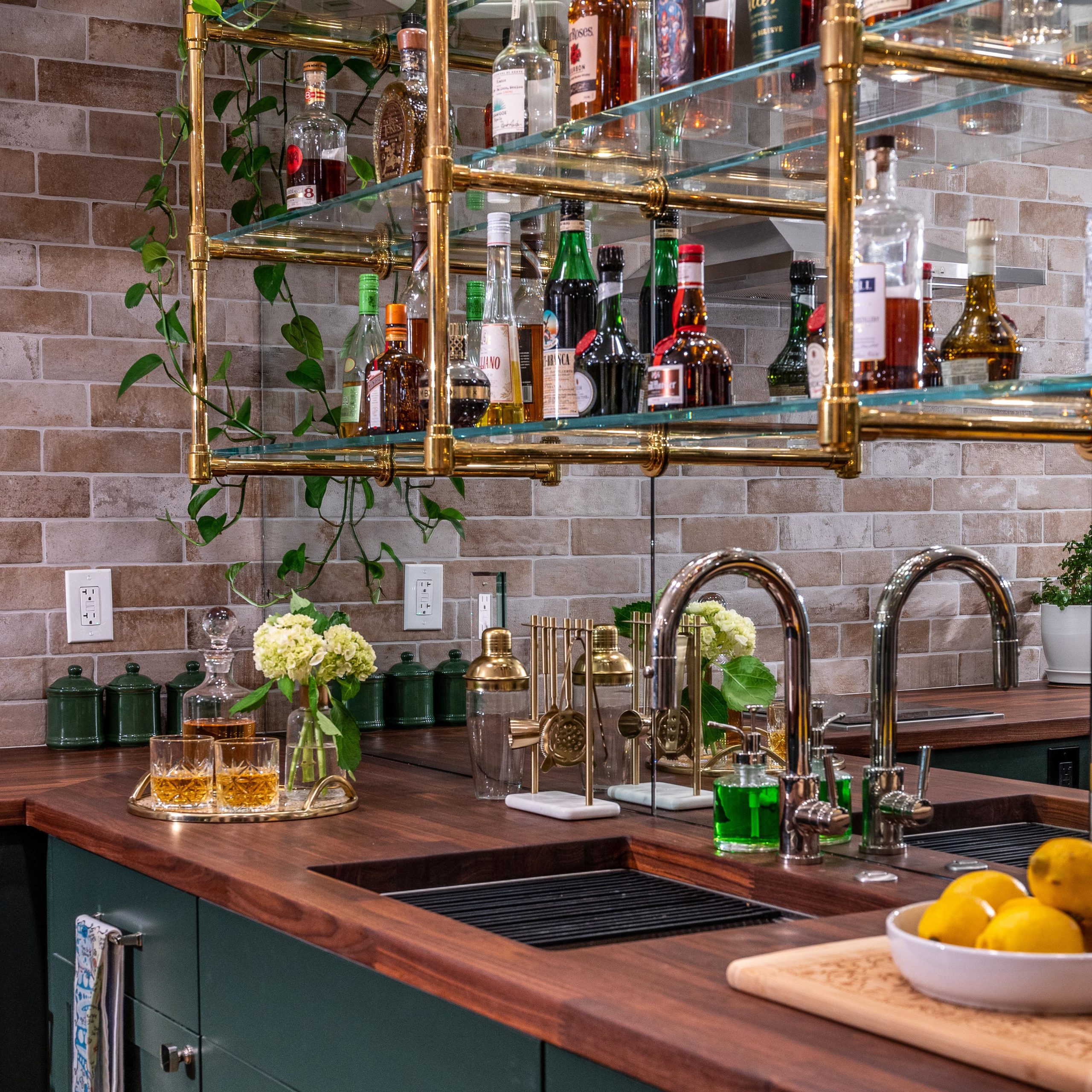 Ceiling & Wall mounted Studio style Bistro Designer Shelving in polished brass with glass shelves