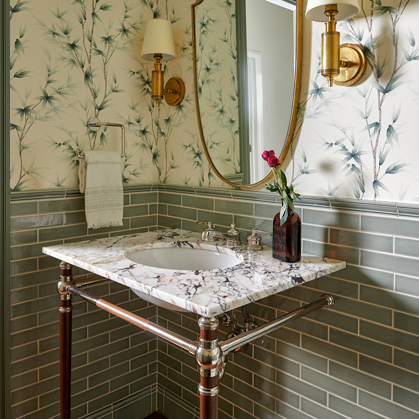 Newport style Vanity Leg System in polished nickel and Walnut heartwood with a marble top