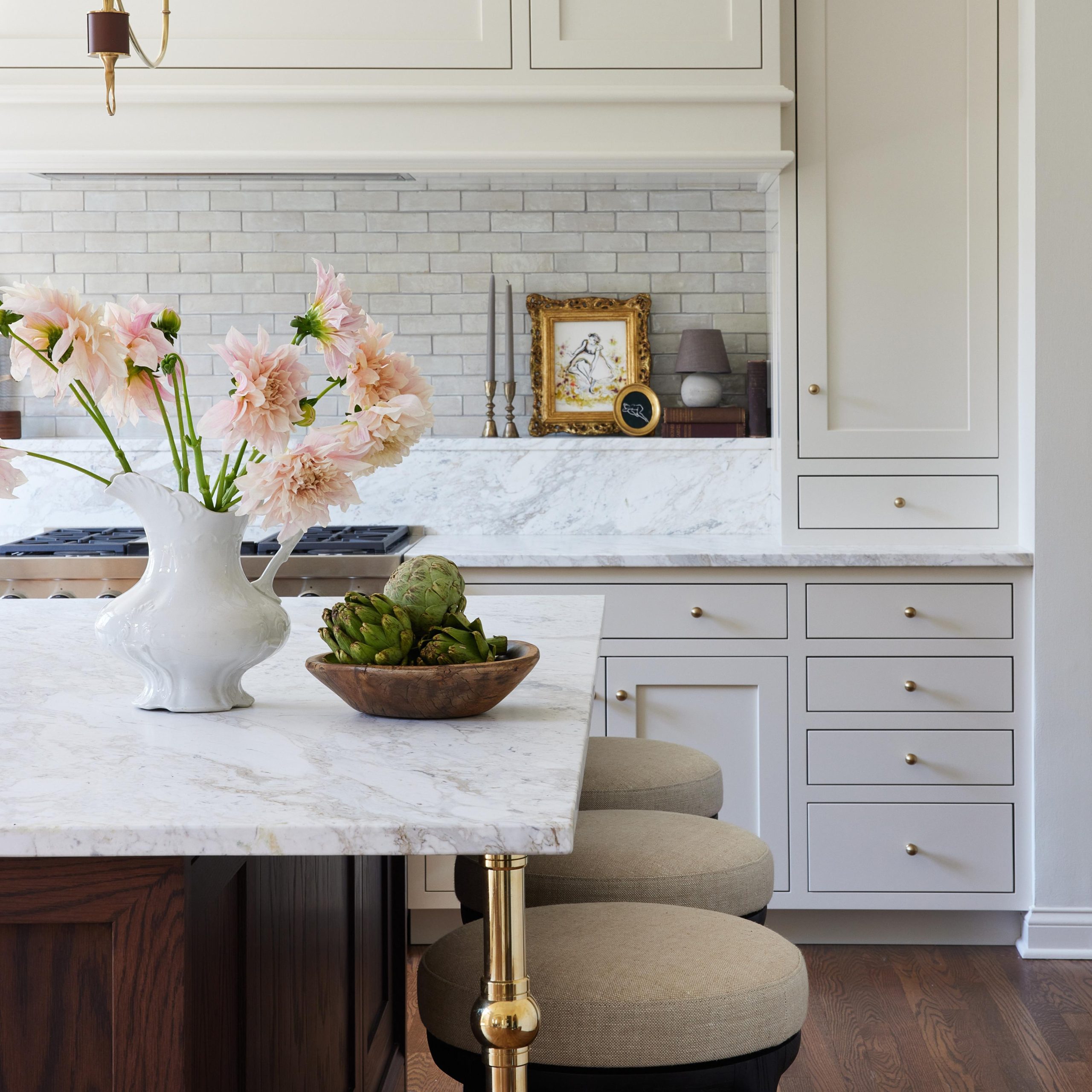 Tapered Foot style Kitchen Leg system in polished brass with marble top