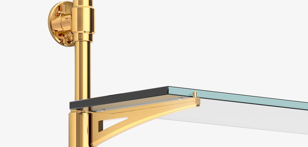 Detail of Rack style Cantilever Designer Shelving in polished brass