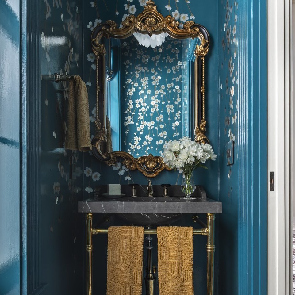 Westport style Vanity Leg System in polished brass with marble top