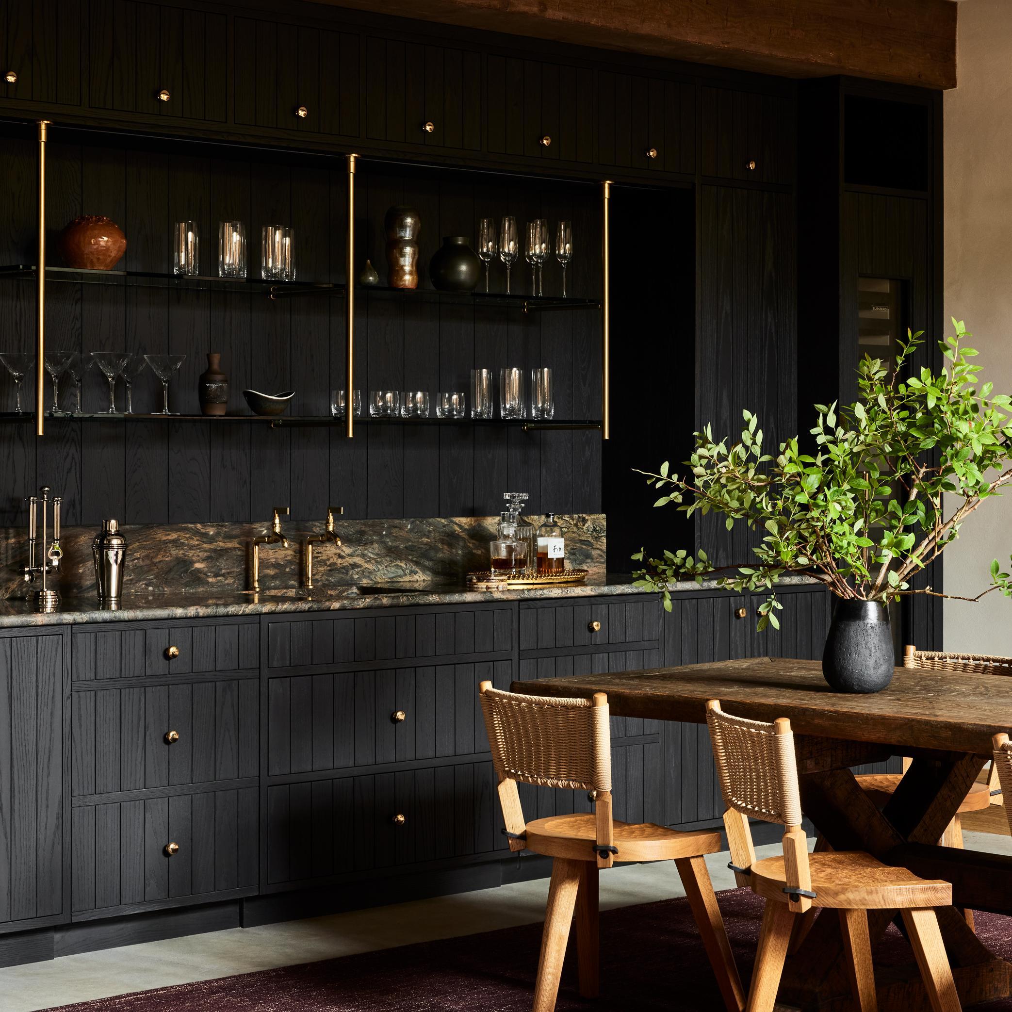 Ceiling & wall mounted Metro style Bistro Designer Shelving in polished brass with with Button Finials and glass shelves