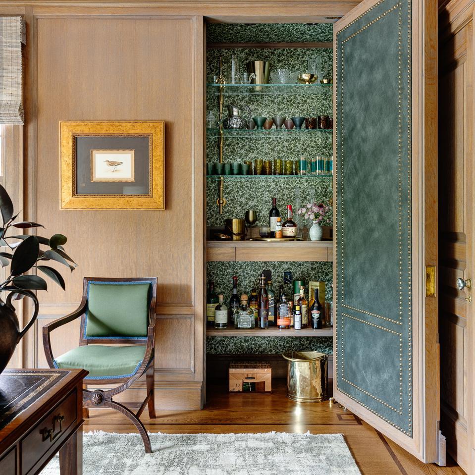 Wall-mounted Rack style Cantilever Designer Shelving in polished brass in "hidden" closet bar