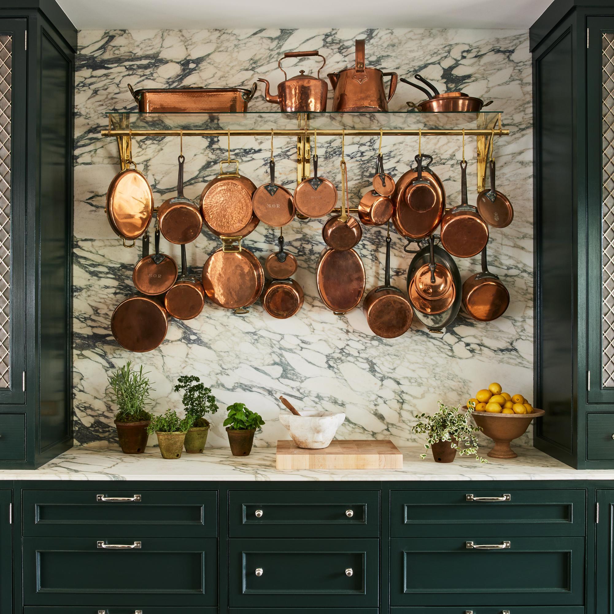 Regency Style Designer Bracket Shelving with integral Pot Rack and glass shelf