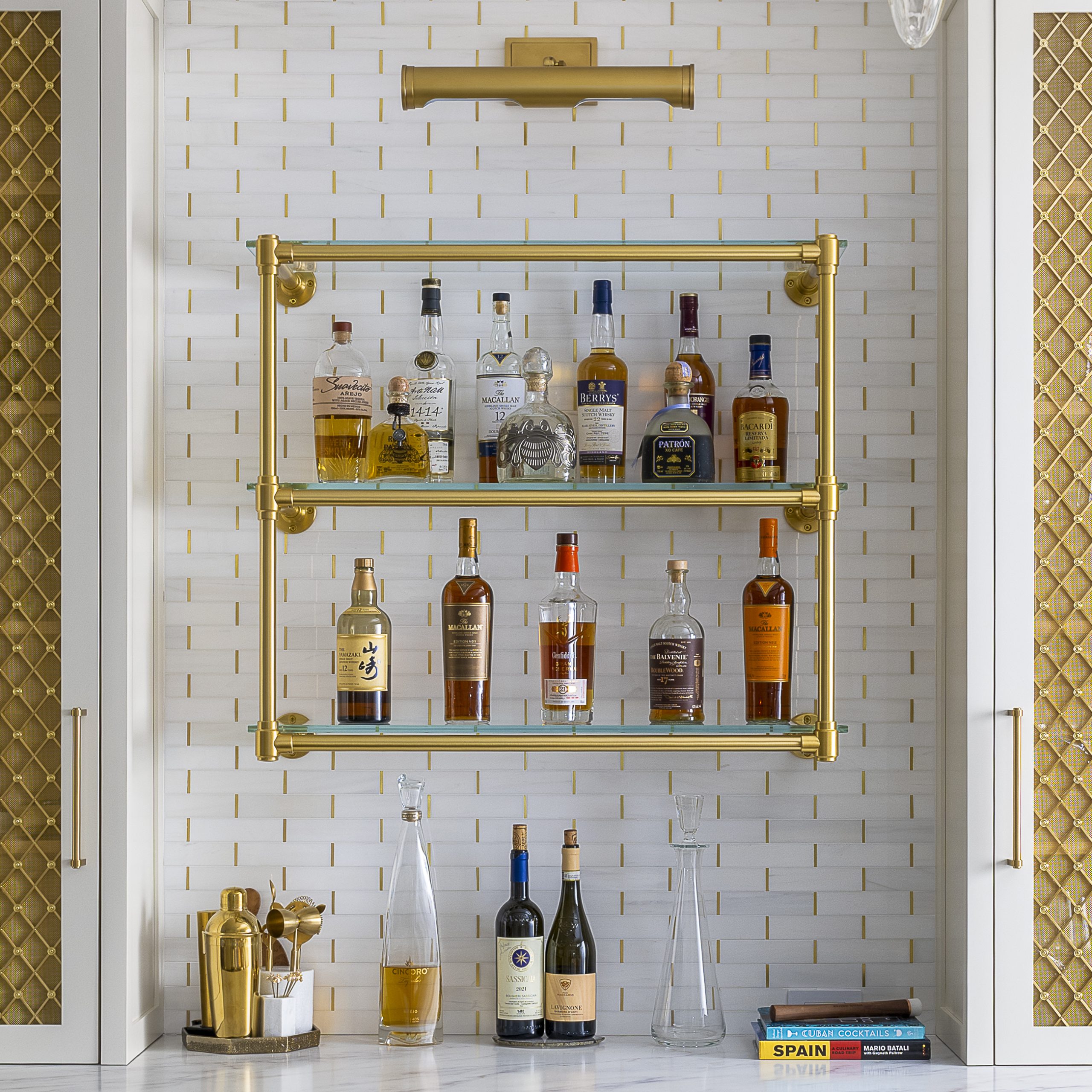 Wall-mounted Studio Style Bistro Designer Shelving with glass shelves in spolished brass