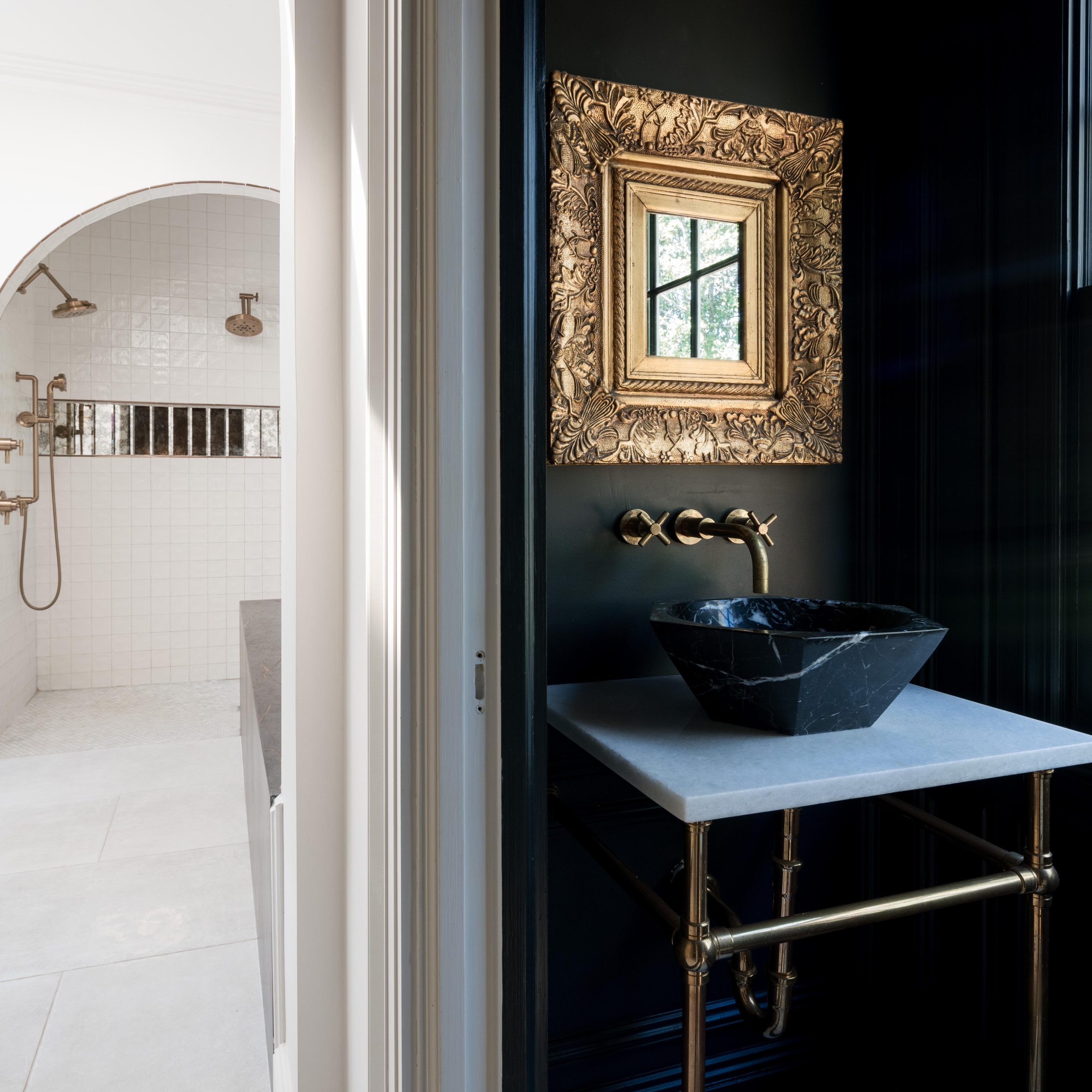 Tapered Foot style Vanity Leg System in polished brass with a vessel style basin