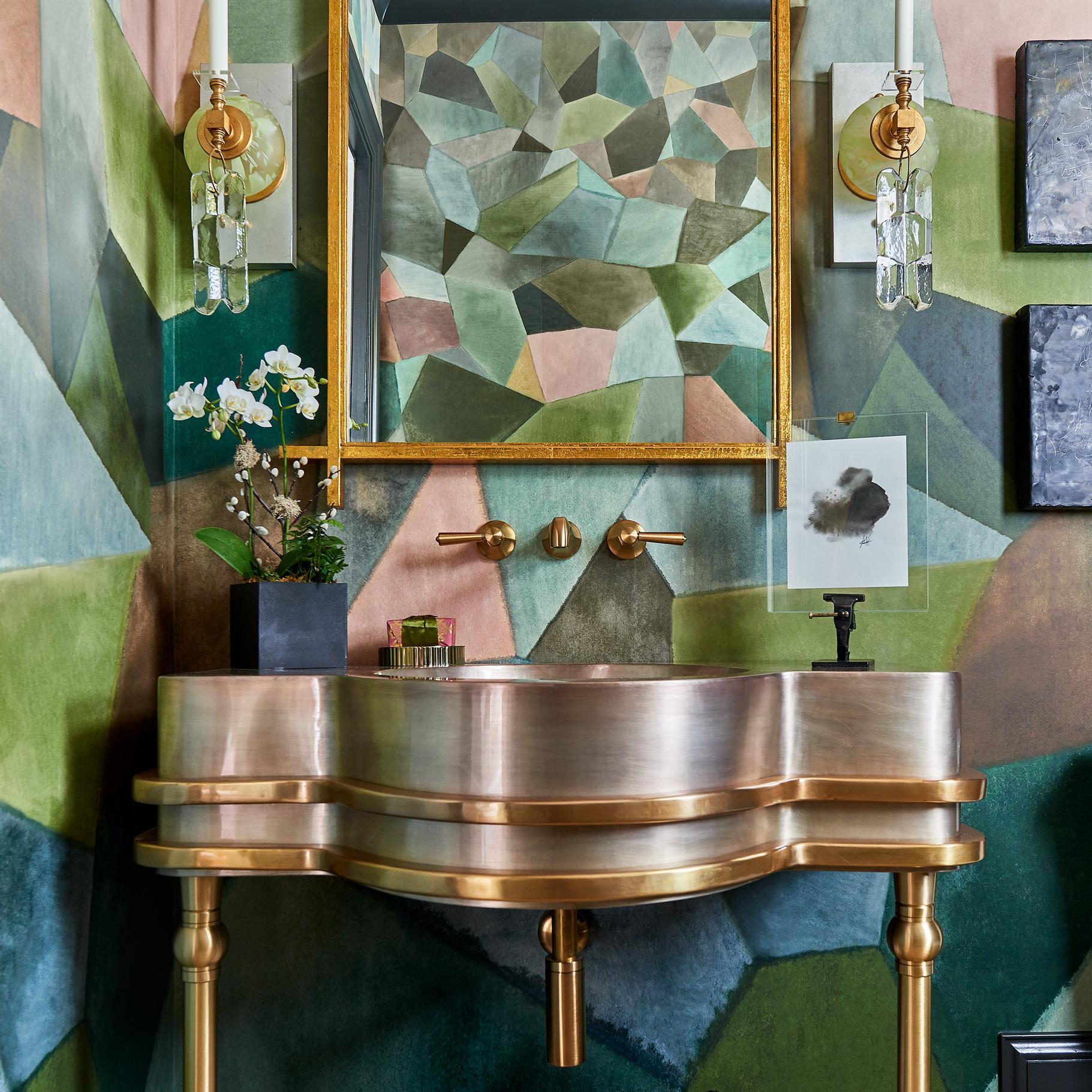 Modern style Vanity Leg System in satin brass with a Thompson Traders sink by Kara Cox