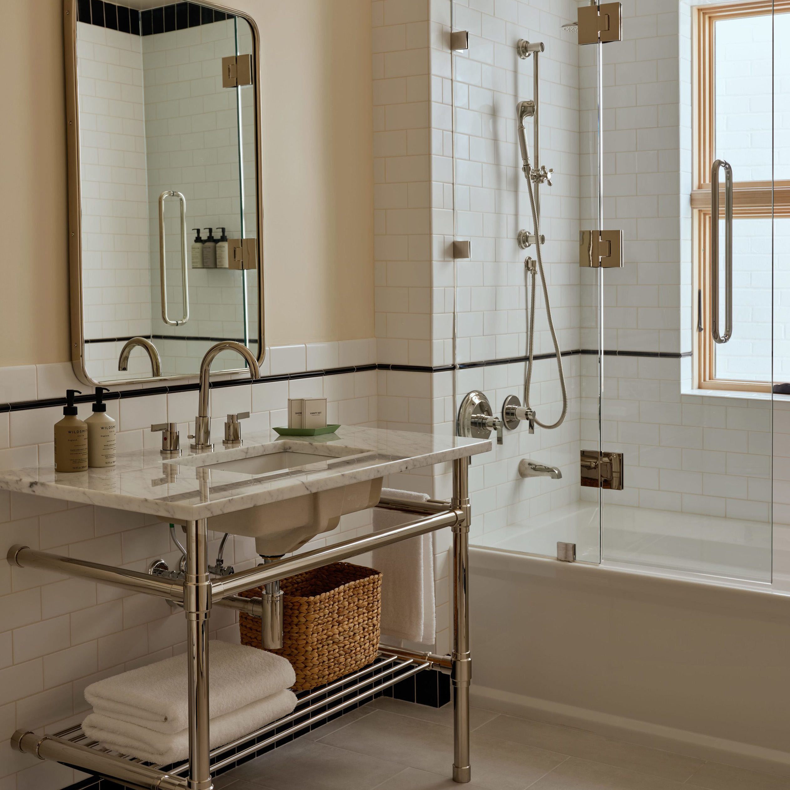 Studio style Vanity Leg System with a Hotel style tubular metal shelf and Rail style shelf supports