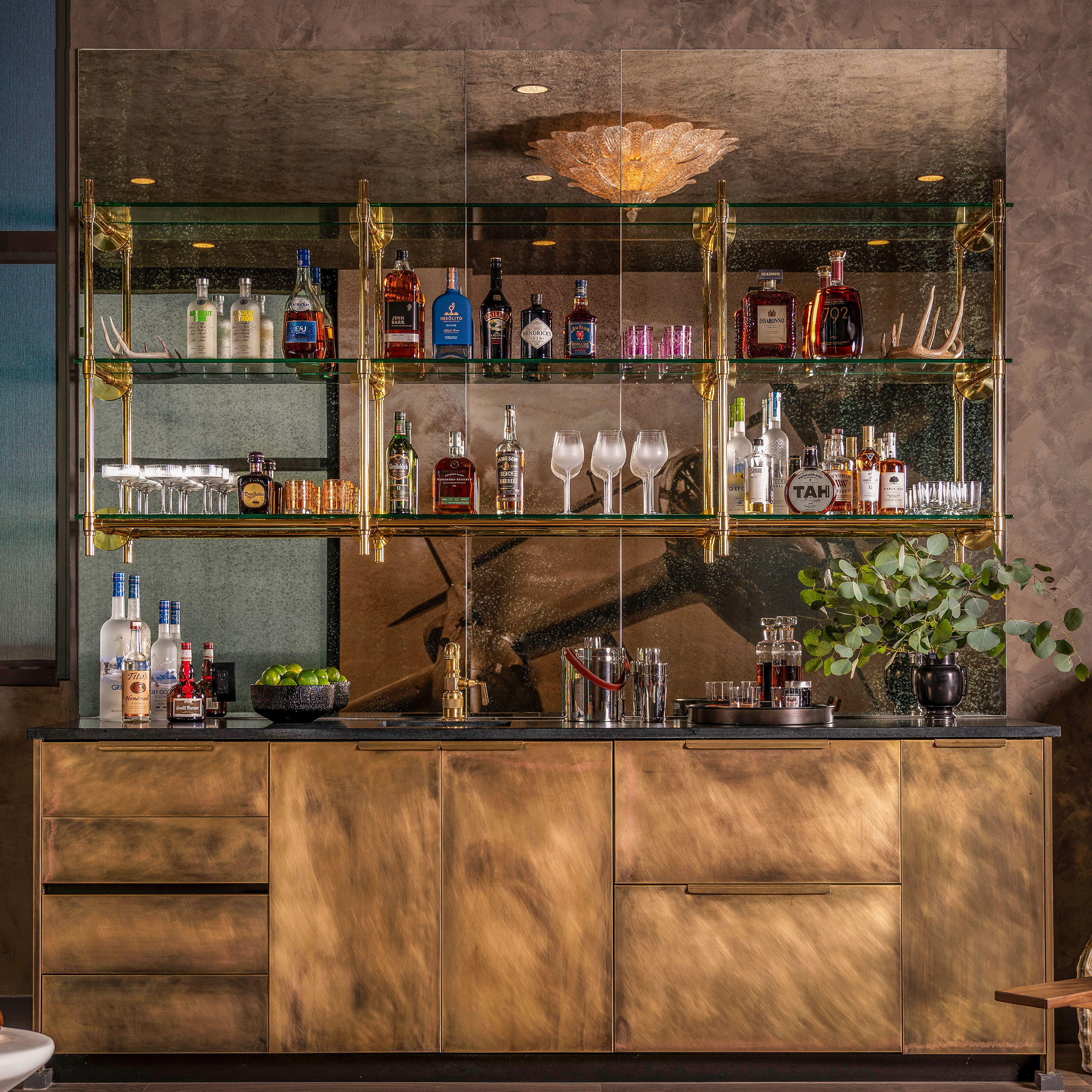 Mirrored Wall-mounted Studio style Bistro Designer Shelving with Button style Finials in polihed brass with glass shelves