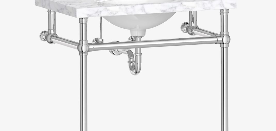 Bun Foot style Vanity Leg System in polished chrome with marble top
