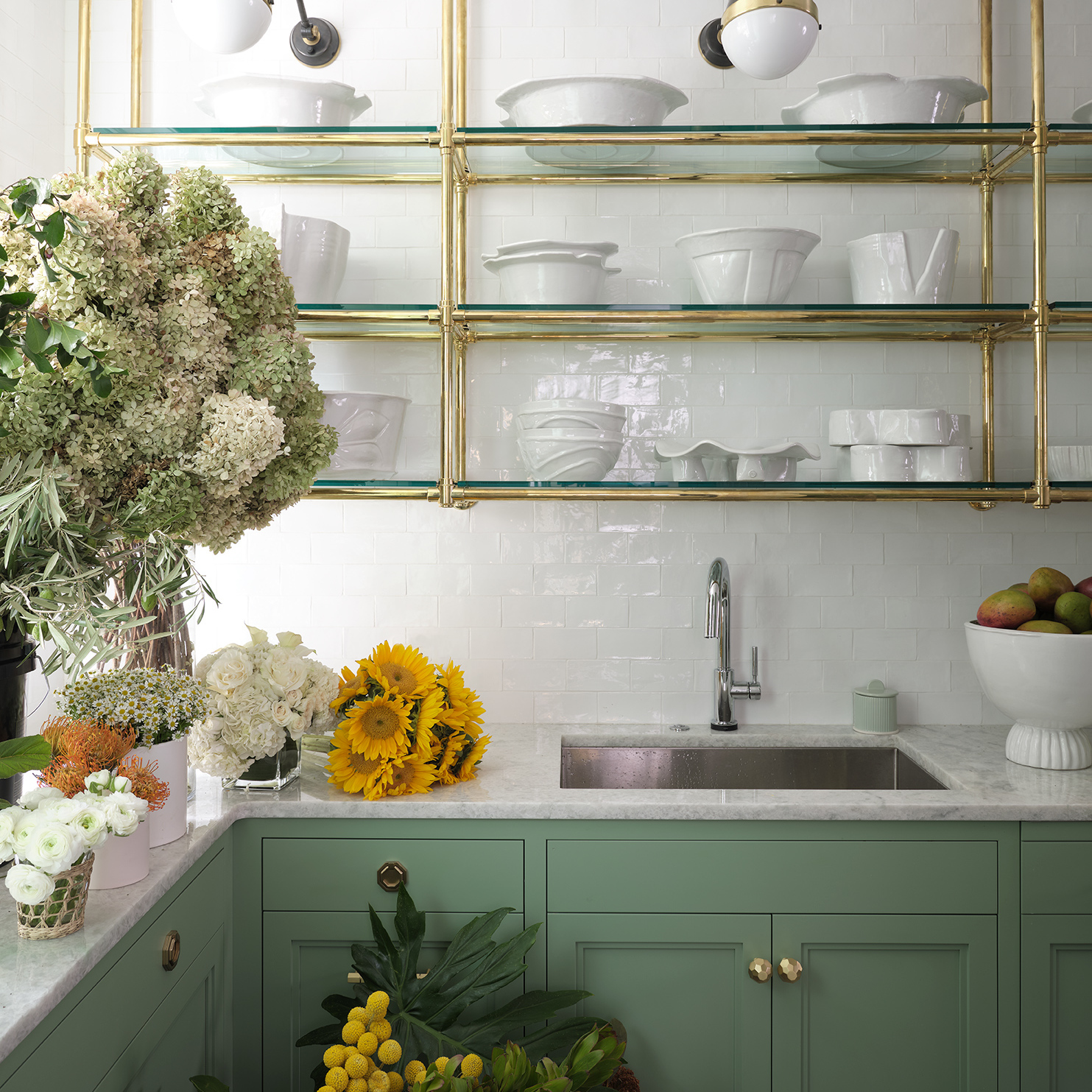 Ceiling & wall mounted Studio style Bistro designer Shelving in polished brass with glass shelves