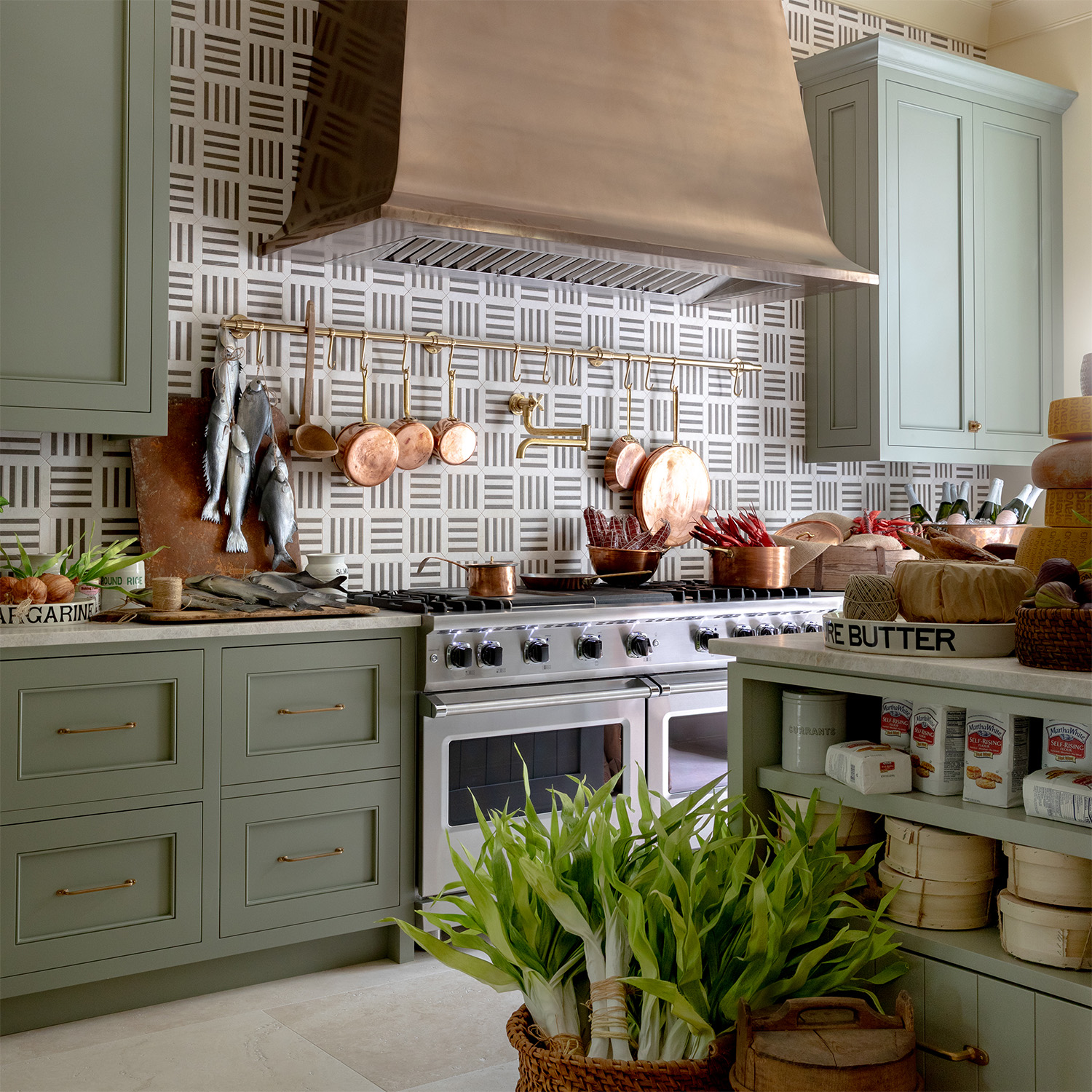 Wall-mounted brass Pot Rack with inset Ball style mounts and Button Finials