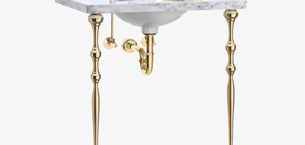 Soho style Vanity Leg System in polished brass with marble top