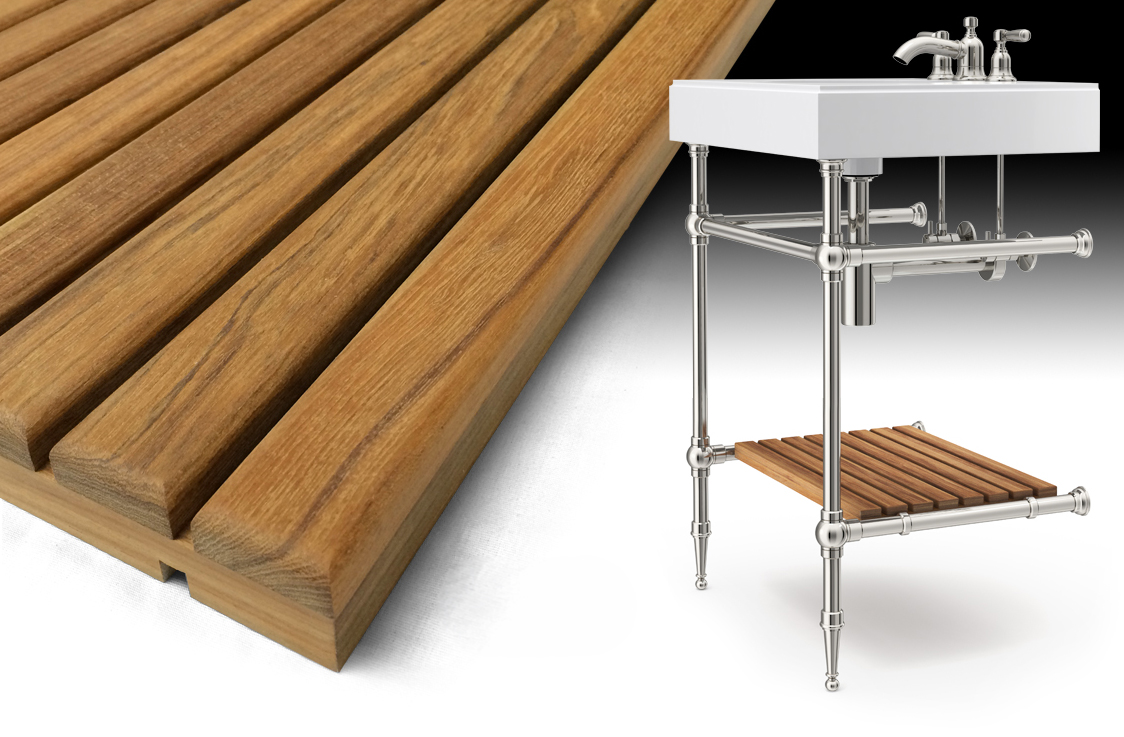 Detail of a Teak Wood Spa style shelf for Vanity Legs
