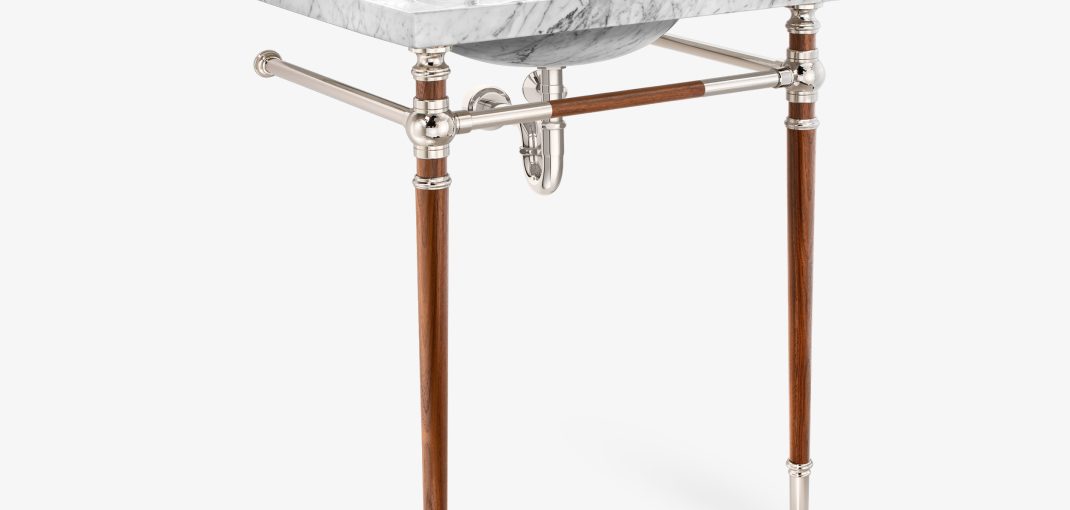 Newport style Vanity Leg system in polished nickel with Walnut wood legs and optional Hammered Balls
