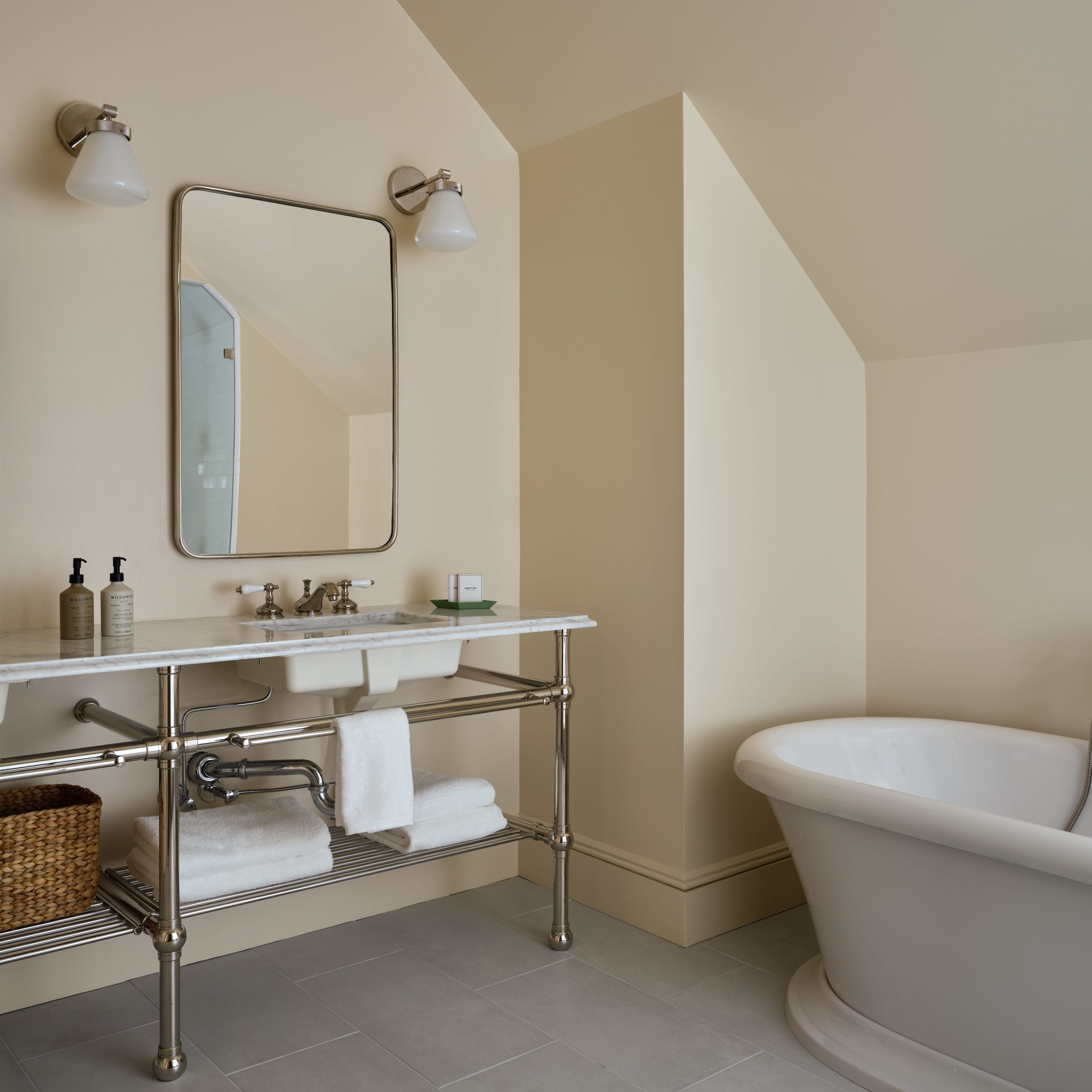 Ball style Vanity Leg System with a Hotel style tubular metal shelf with Rail style shelf supports and Auxiliary Towel Rails
