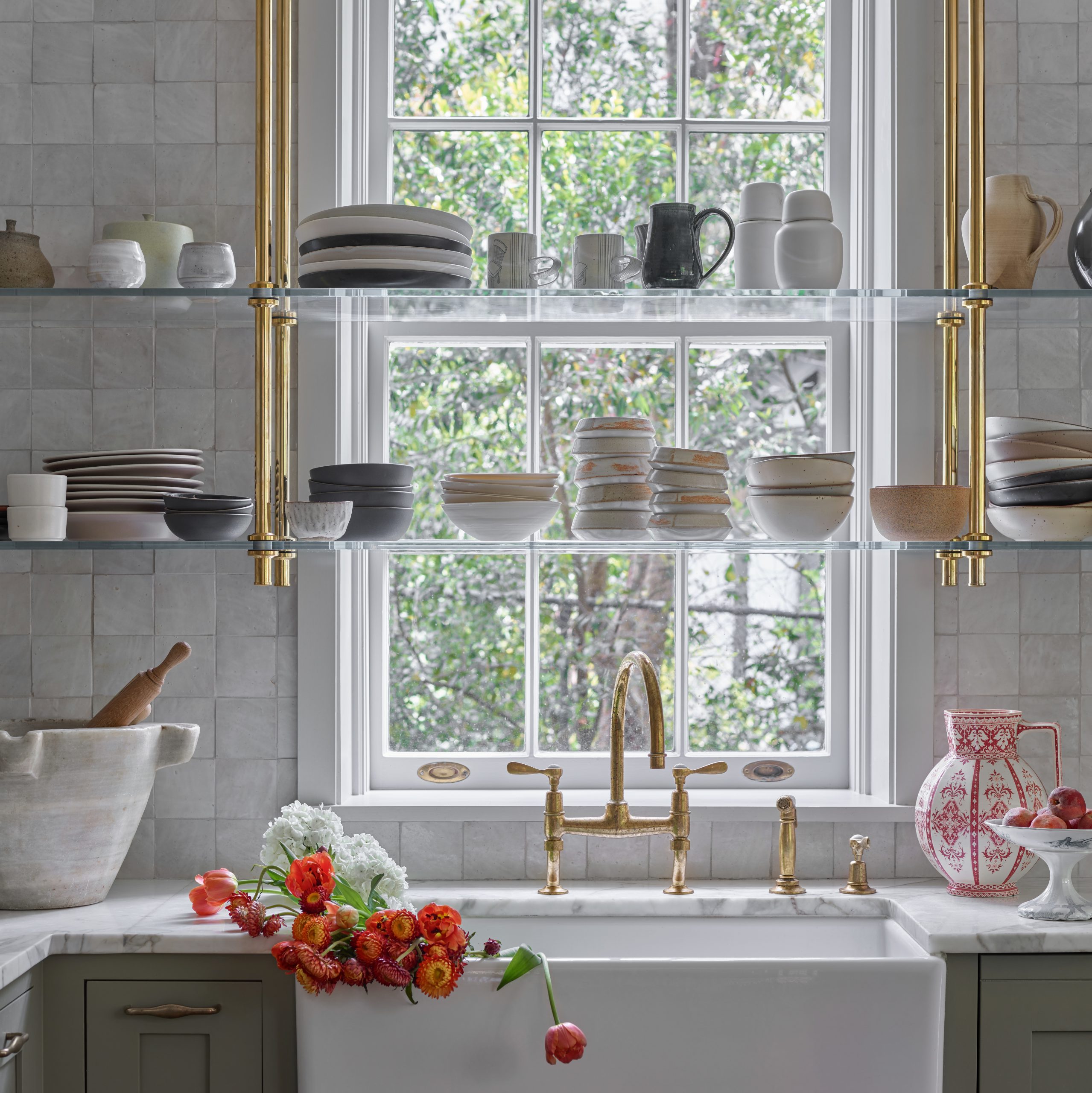 Ceiling-mounted Split Collar style Bistro Designer Shelving with Button style Finials and glass shelves