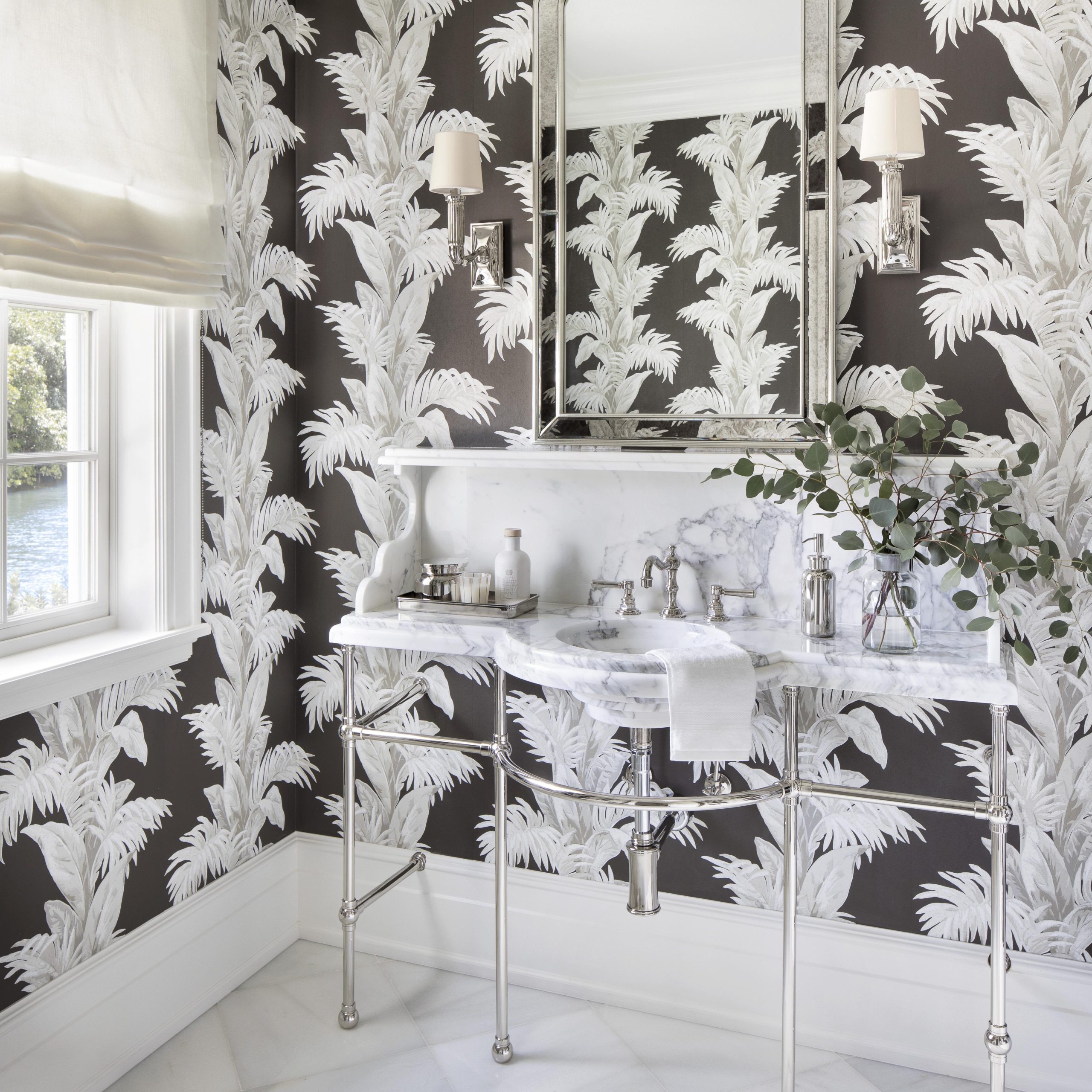 Renaissance style Vanity Leg System in polished chrome with marble top and awesome wallpaper